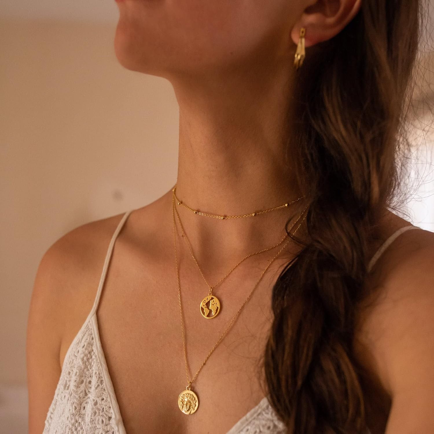 Dainty Gold Chain Necklace for Women, 14K Plated Beaded Box Link Choker Trendy