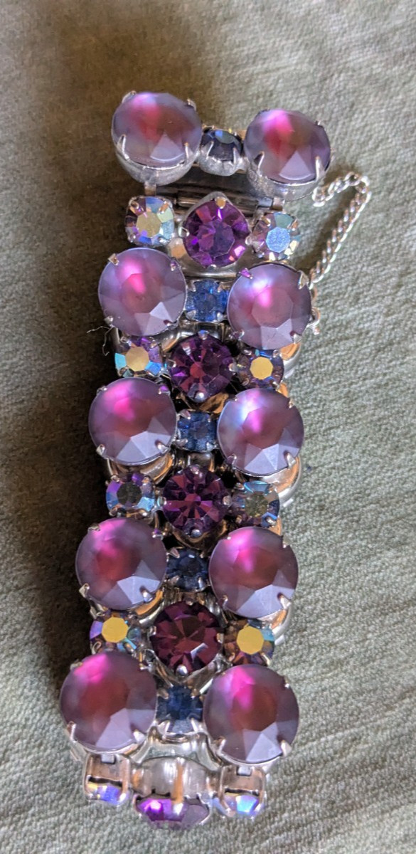 Vintage rhinestone bracelet pink, purple, blue MCM cuff safety chain unsigned