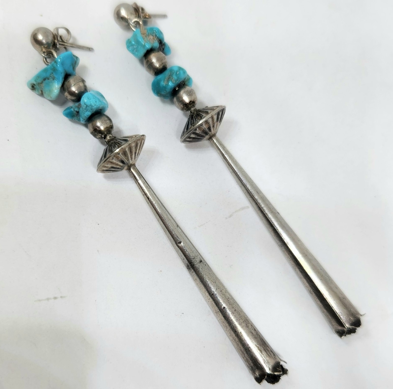 3.25″ Long! Old Pawn Vintage Sterling Silver Turquoise Squash Blossom Earrings
