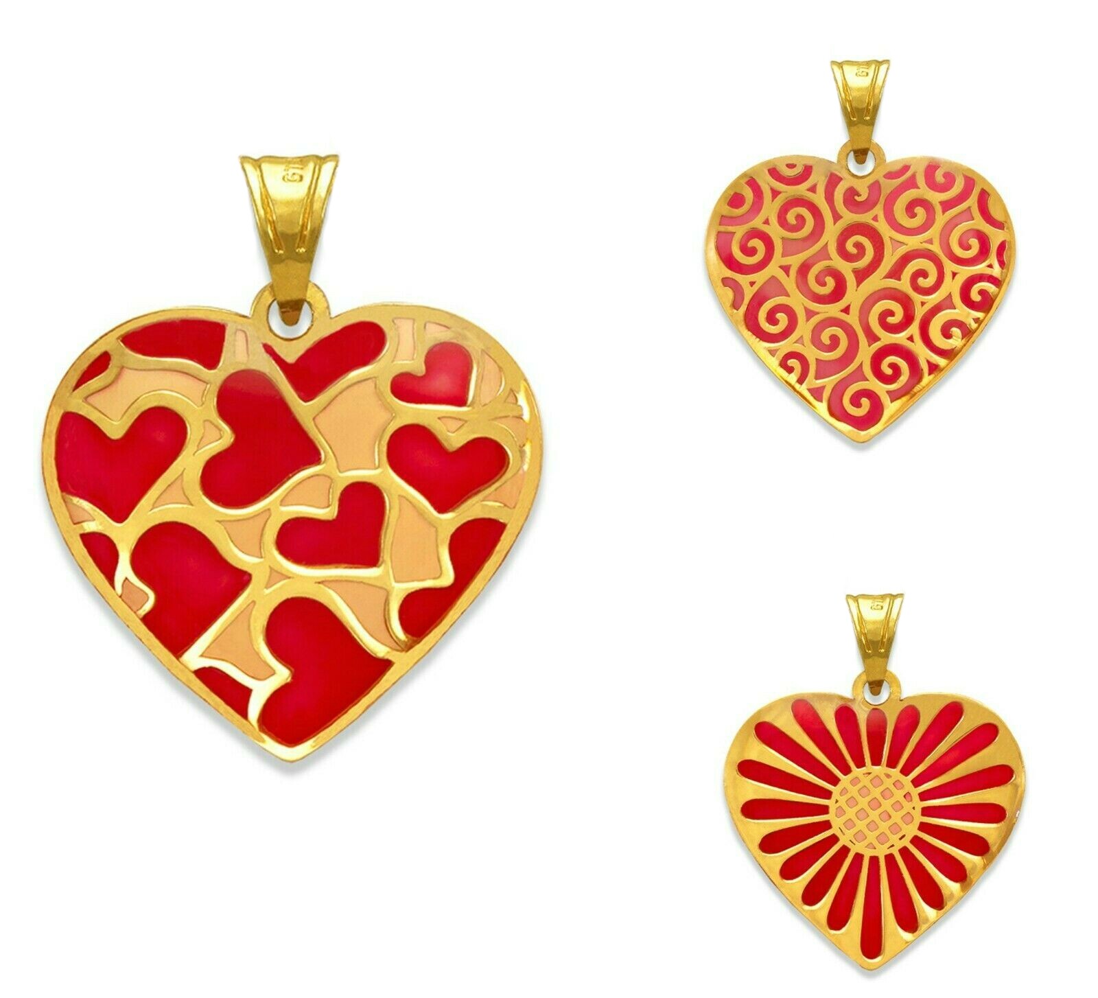 14K Solid Yellow Gold Enamel Red Heart Pendant Love Necklace Charm Women