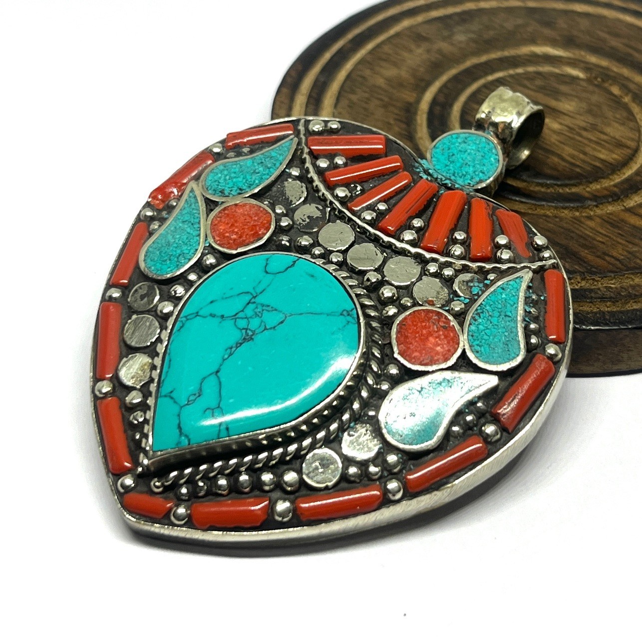 Ethnic Red Coral Turquoise Gemstone Tibetan Style Pendant Jewelry, 2.9 inch