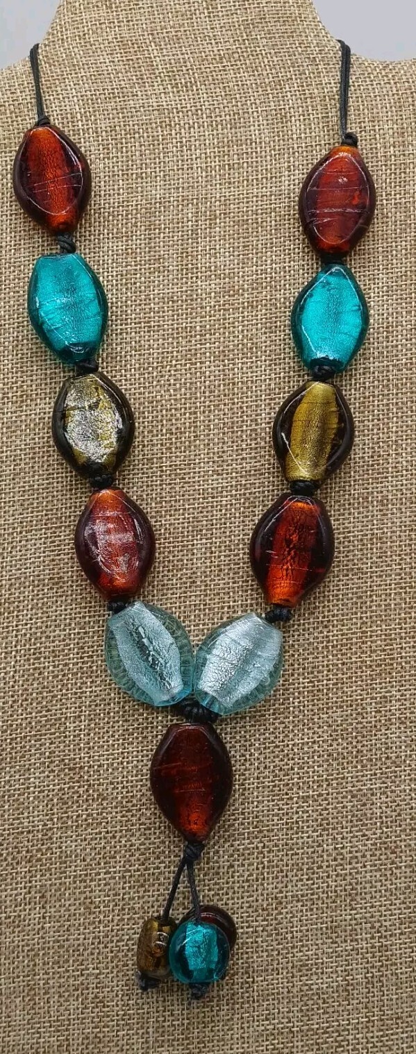 Multicolor Glass Bead Necklace Choker Blue Brown Green