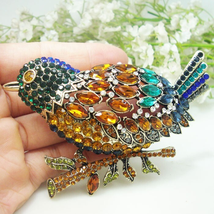 3.7″ Charming Colorful Kingfisher Bird Woman’s Brooch Pin Rhinestone Crystal