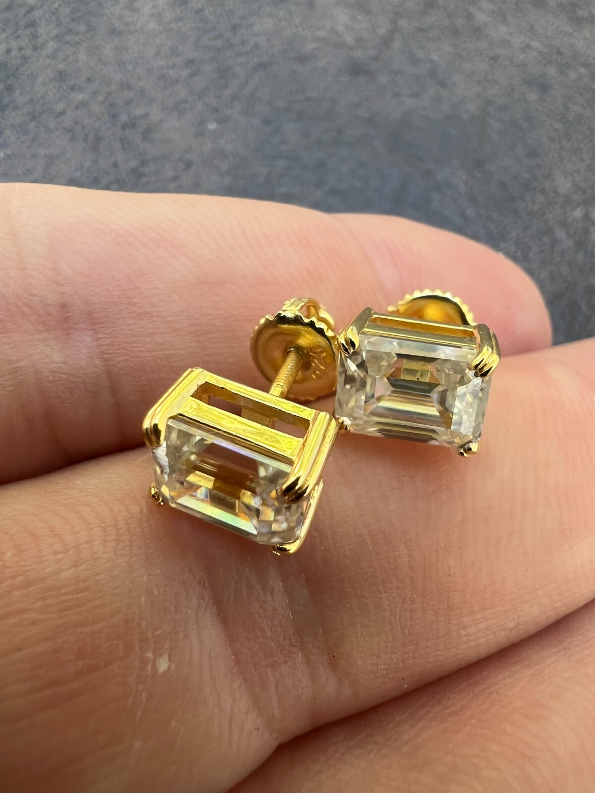 Emerald Cut Real Moissanite Solitaire Stud Earrings 14ct Gold Plated 925 Silver