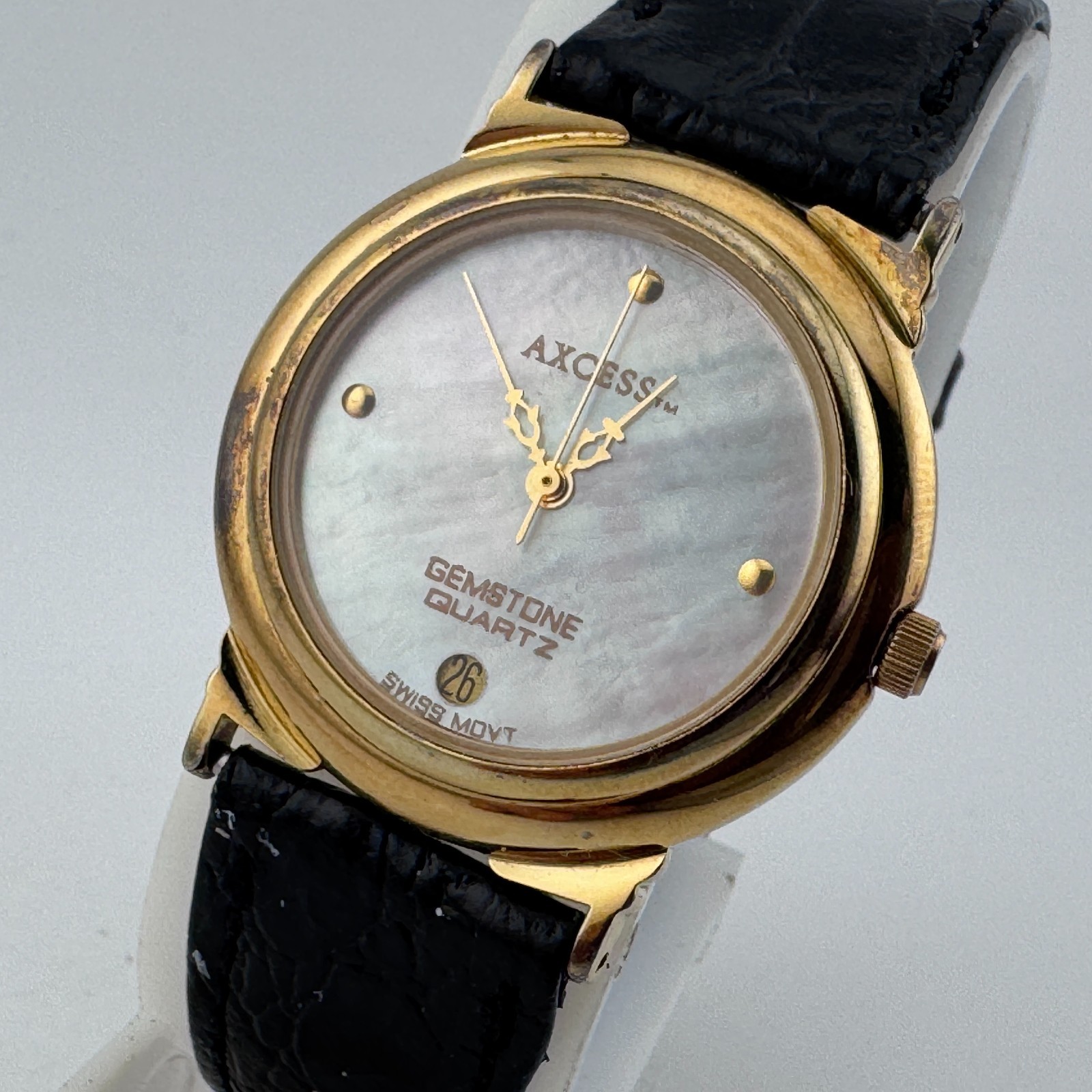 VTG AXCESS Swiss Quartz Watch Unisex Gold Tone Leather Date Analog New Battery