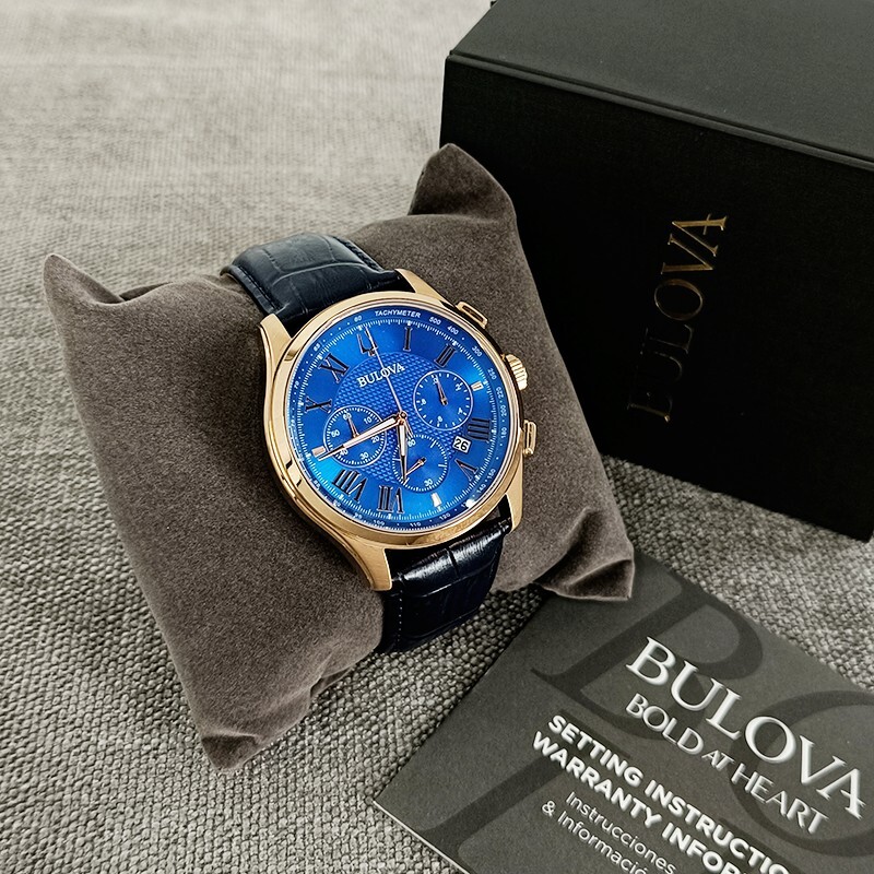 Bulova Wilton Men’s Blue Dial Croco Pattern Leather 97B170 Quartz Watch 46.5mm