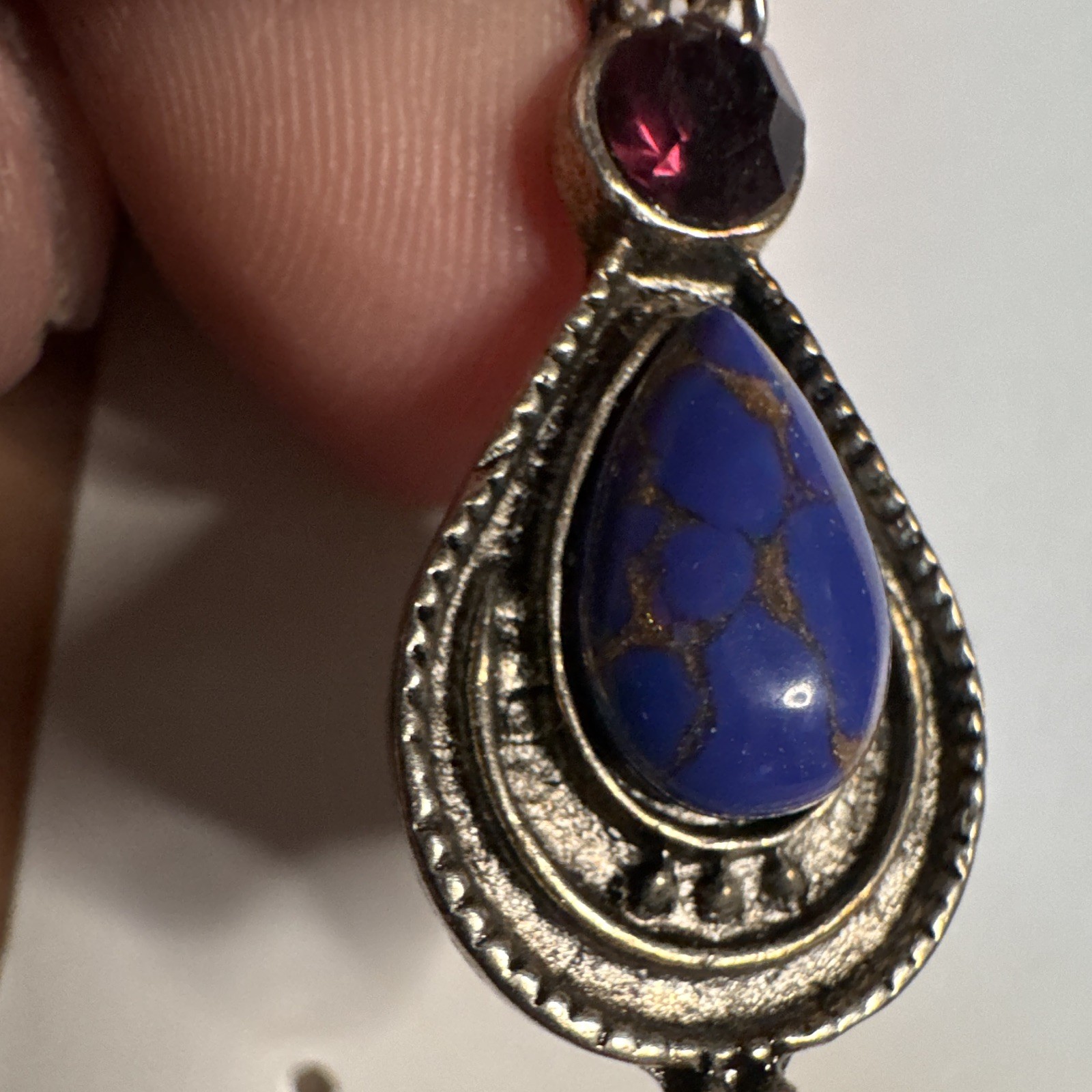 Silver Tone Teardrop Dangle Earrings Blue Cabochon Purple Accent Hook Bezel