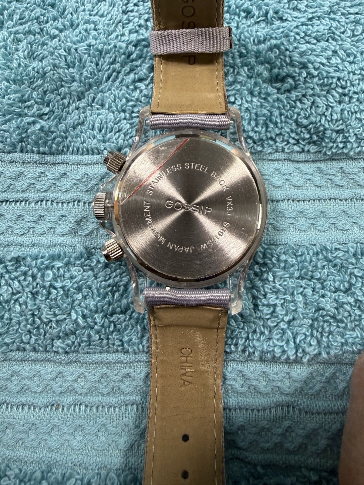 Gossip Gray Dial Bezel Crystal Accent Round Clear Case Gray Canvas Band Watch