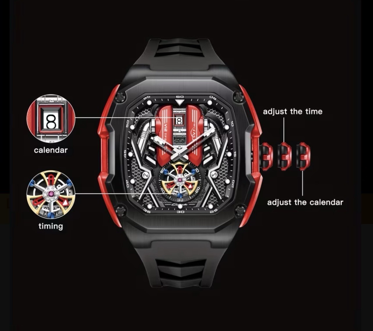 Tonneau Skeleton Dial Analog Sport Watch Date 48.3mm Black Case Silicone Strap
