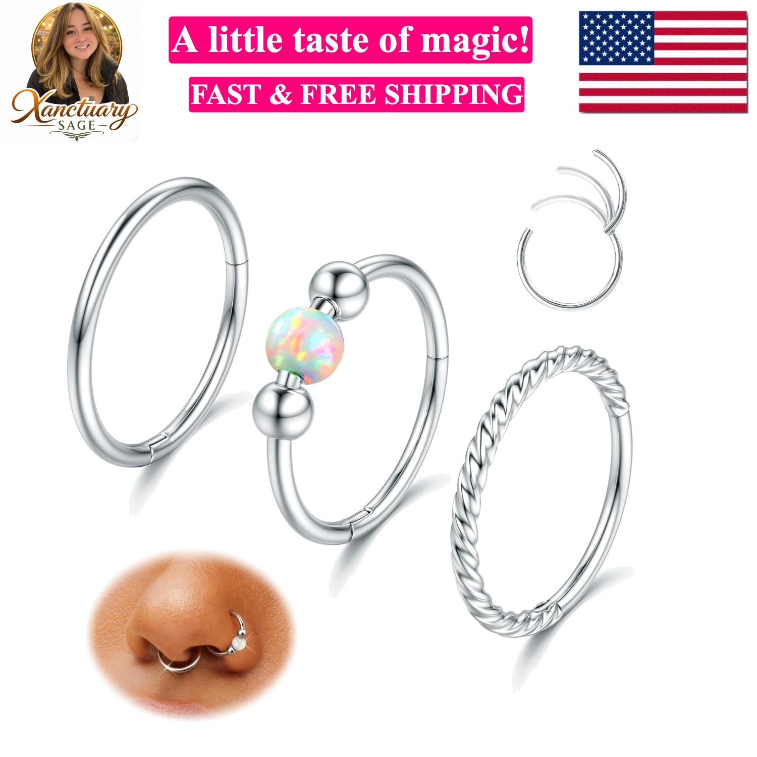 G23 Titanium Nose Rings Hoops 16G 18G 20G Septum Rings Hinged Clicker Opal CZ…