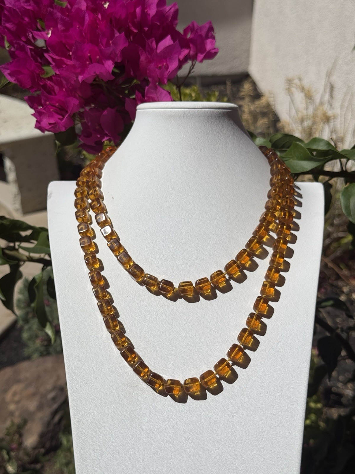 Vintage Golden Honey Cubed Glass Beads All Knotted Necklace 44″ L