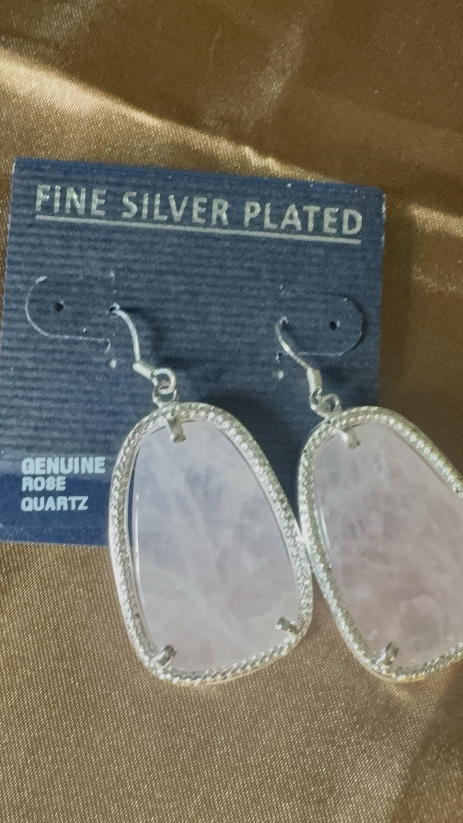 Fine Silver Plated Pink Rose Quartz Crystal Dangle Drop Hook Earrings
