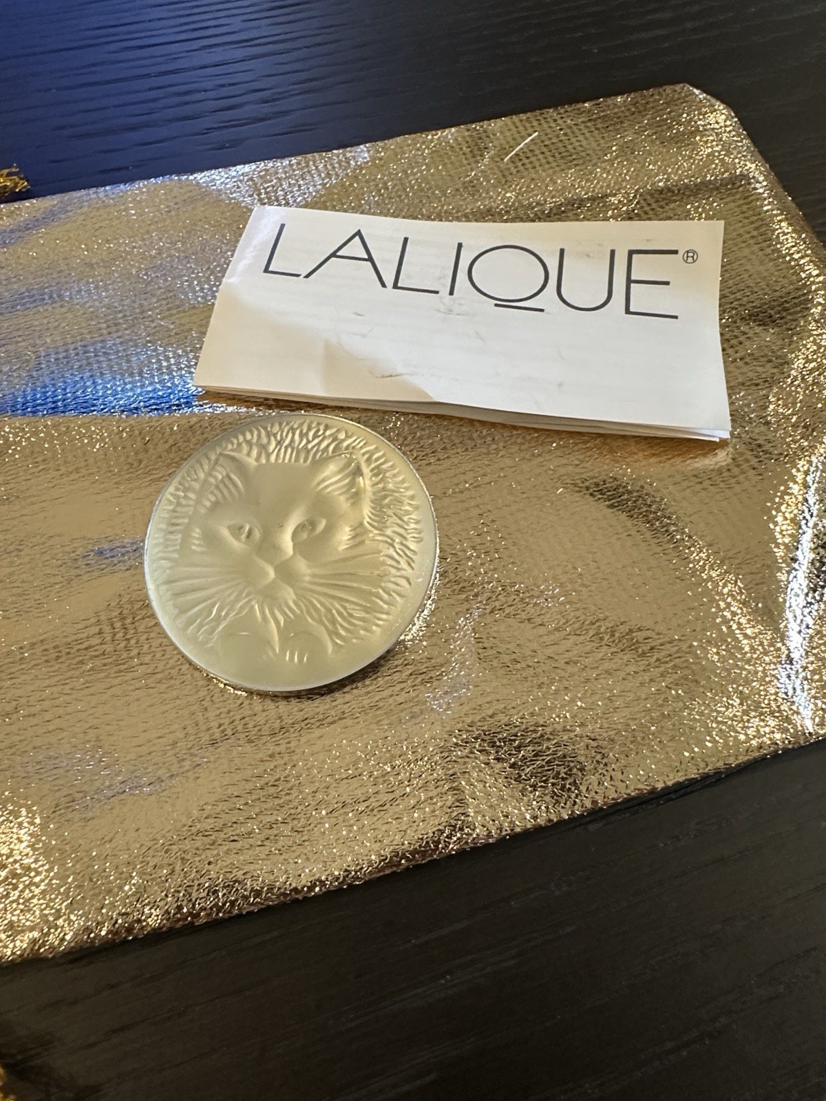 Signed Lalique France Frosted Crystal Chat Cat Medallion Brooch Vintage~1990s