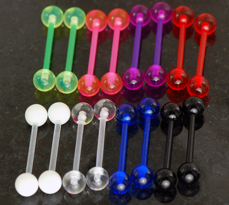 20 Pc (10 Pairs) 8 Color UV Flexible Tongue Rings, Nipple Rings 14g No metal