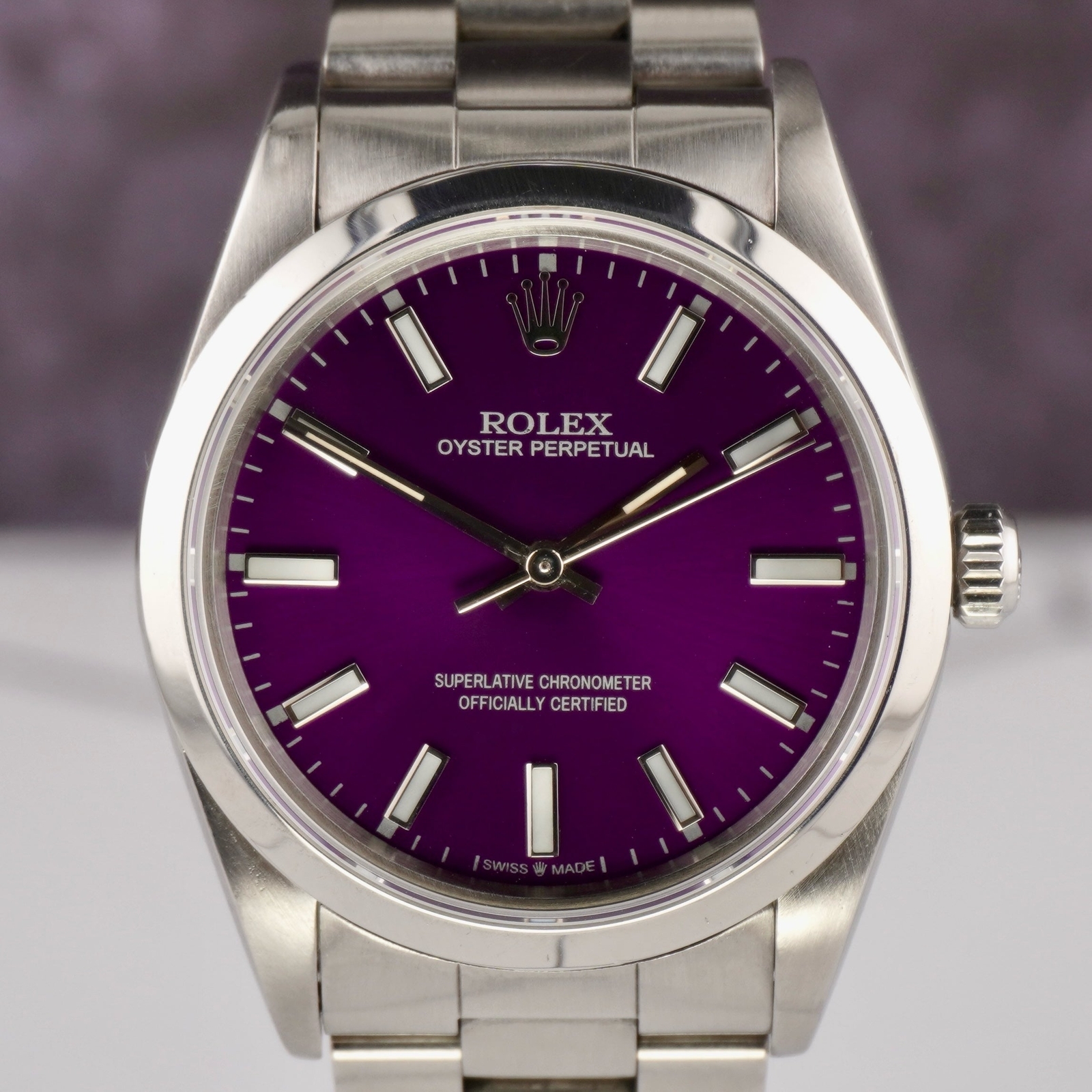 Rolex 34mm Oyster Perpetual Stainless Steel Oyster Purple Dial Watch 14000