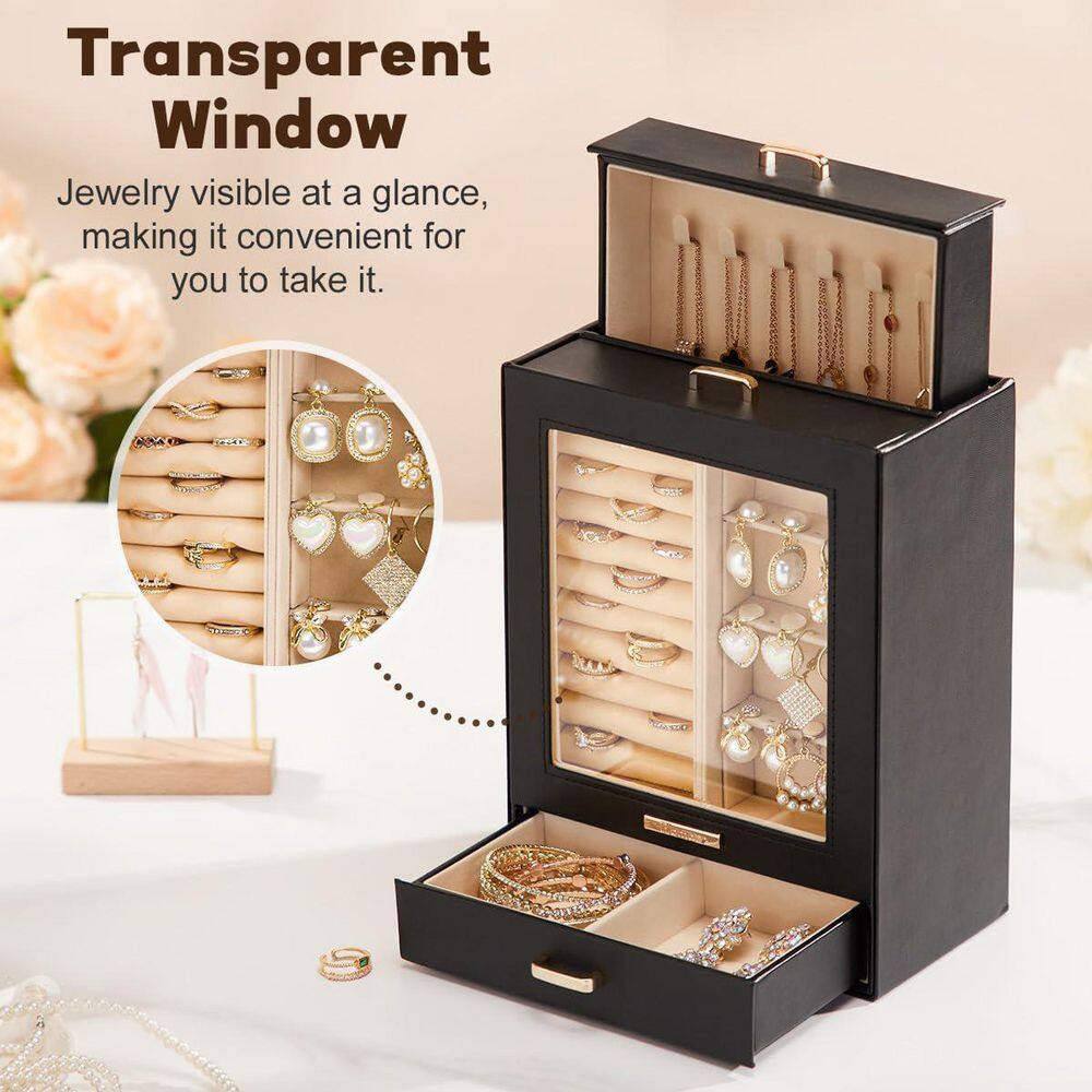 Black 7 In. X 9 In. Polyurethane Modern Jewelry Box with 3-Drawers