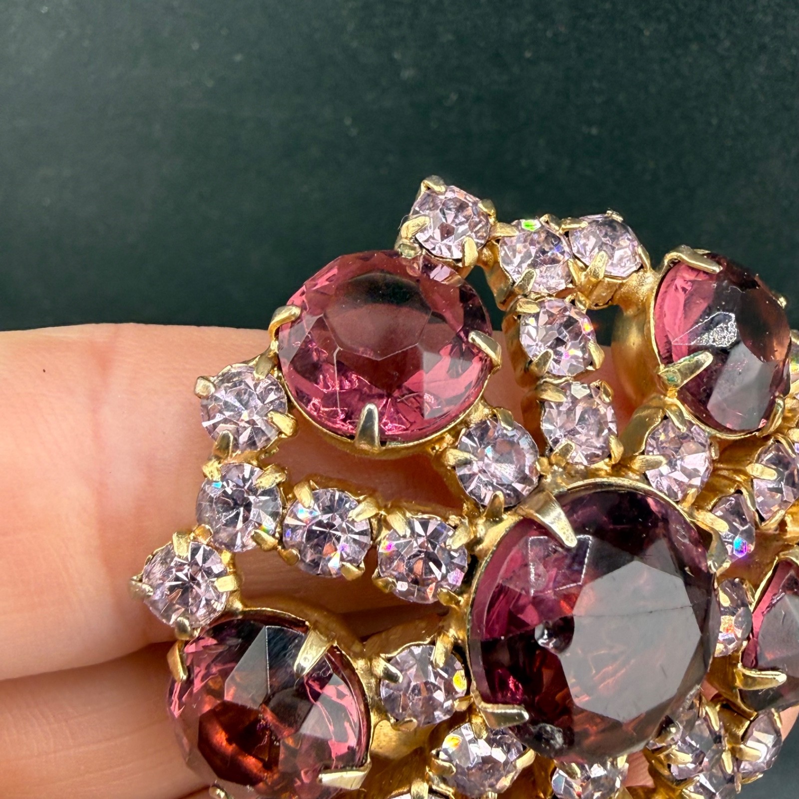 Vintage Purple Rhinestone Brooch Gold Tone Flawless Sparkle