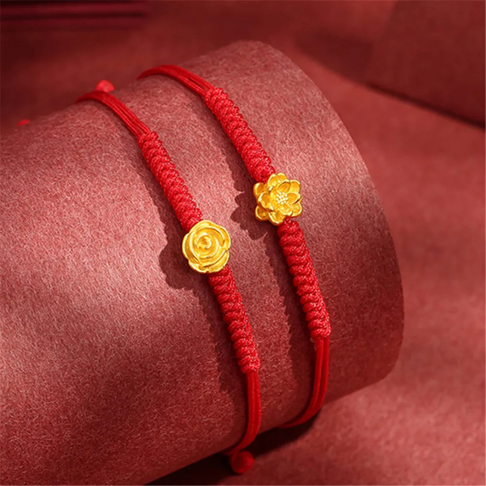 1pcs Pure 999 24K Yellow Gold Women 3D Small Lotus Rose Flower Bracelet 0.1-0.2g