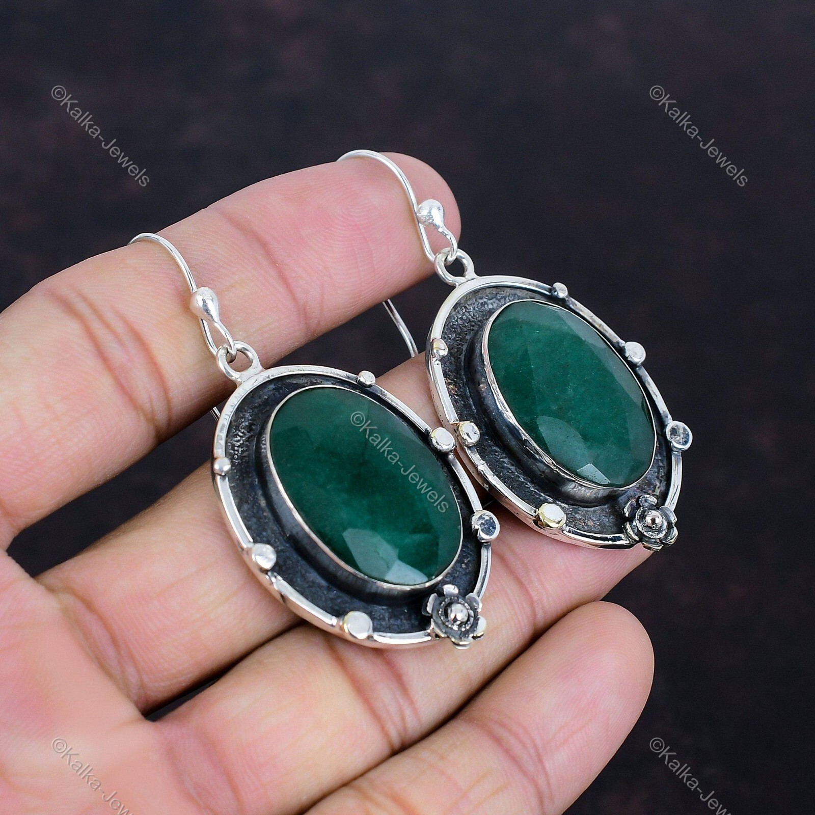 Natural Zambian Emrald Gemstone Drop/Dangle Earrings 925 Silver For Women