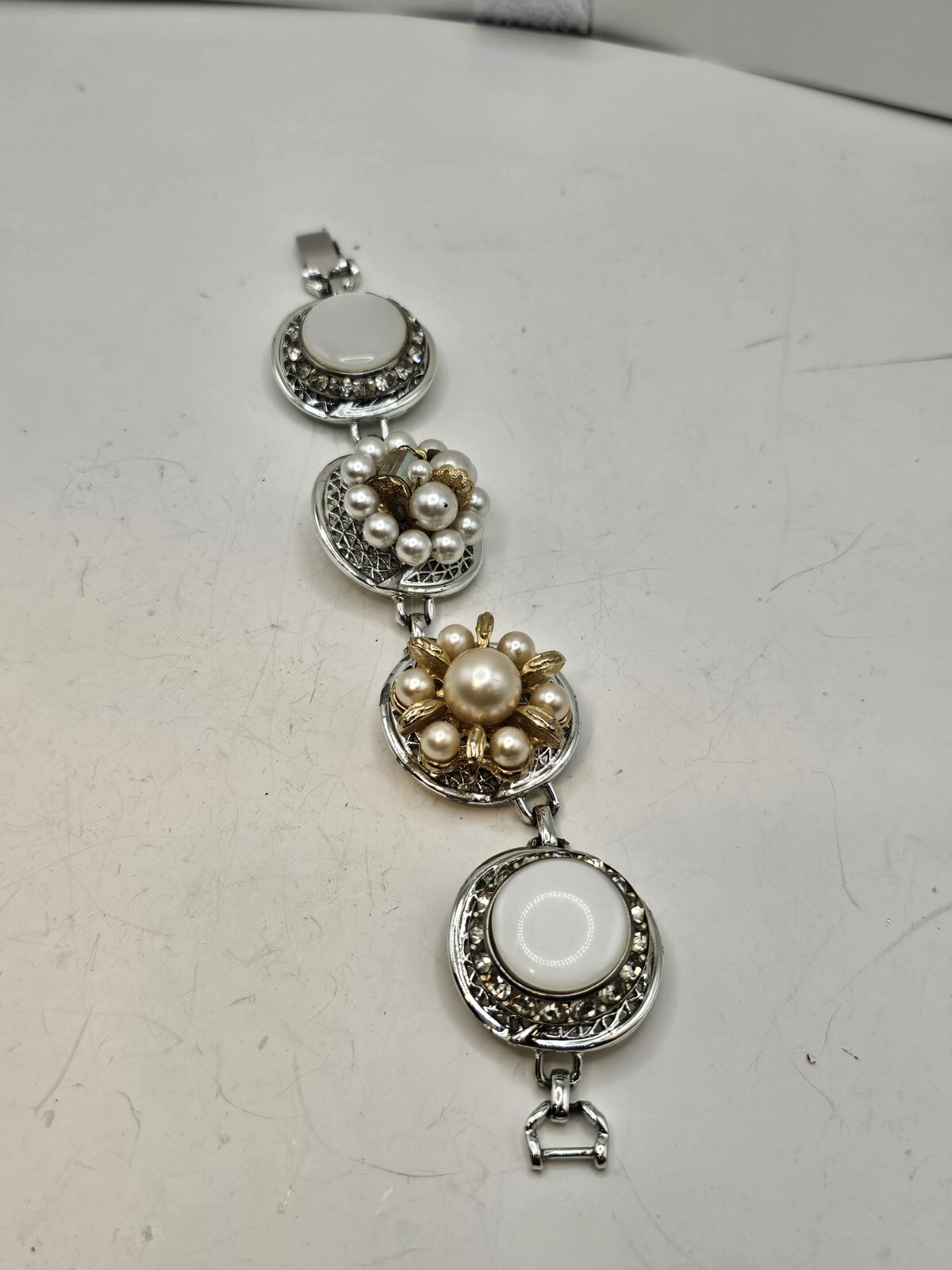 Handmade Mixed Media Bracelet Vtg Clip Earrings 40-50s OOAK 7.25″ Grannycore