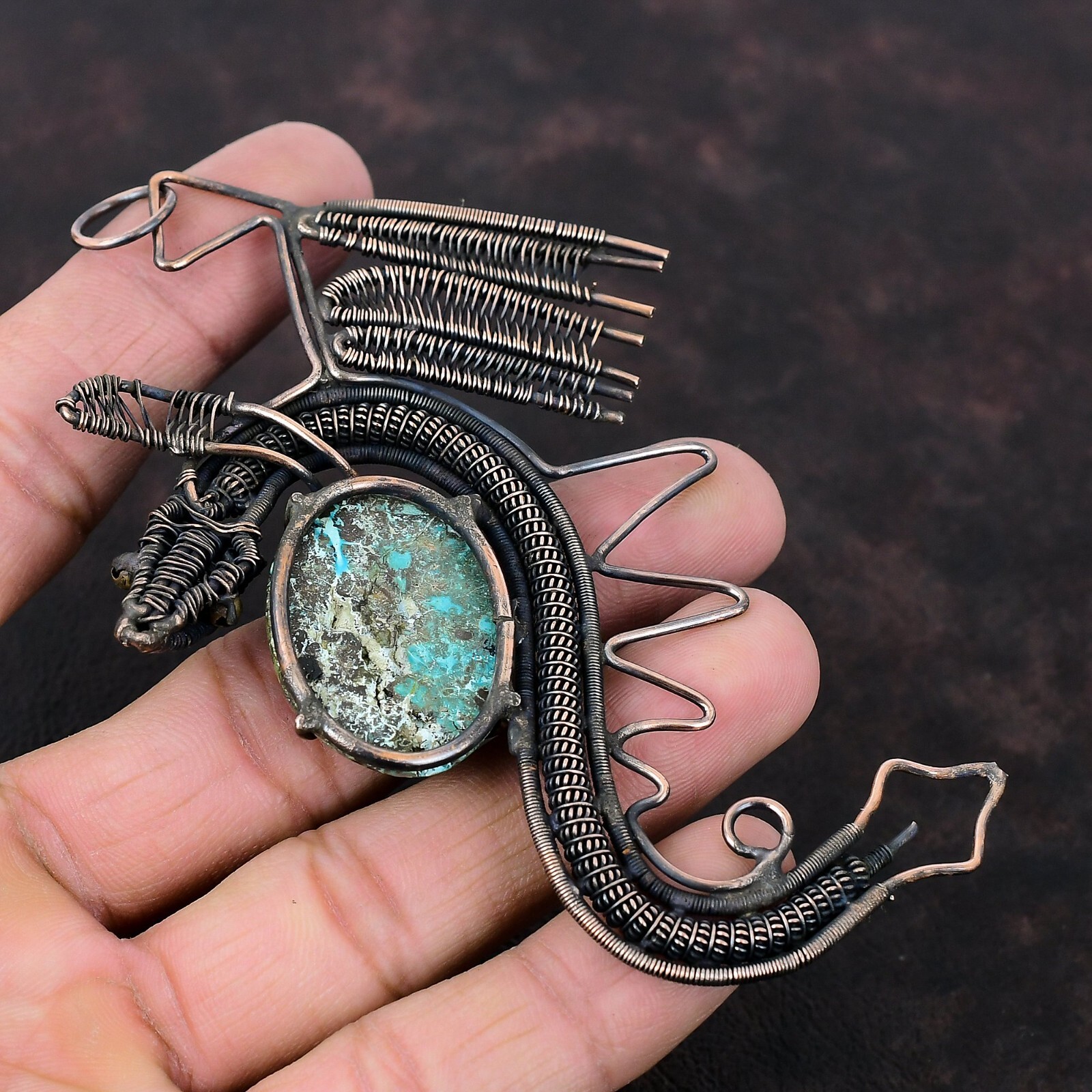 Shattuckite Gemstone Jewelry Copper Wire Wrapped Dragon Pendant For Women 4.41″