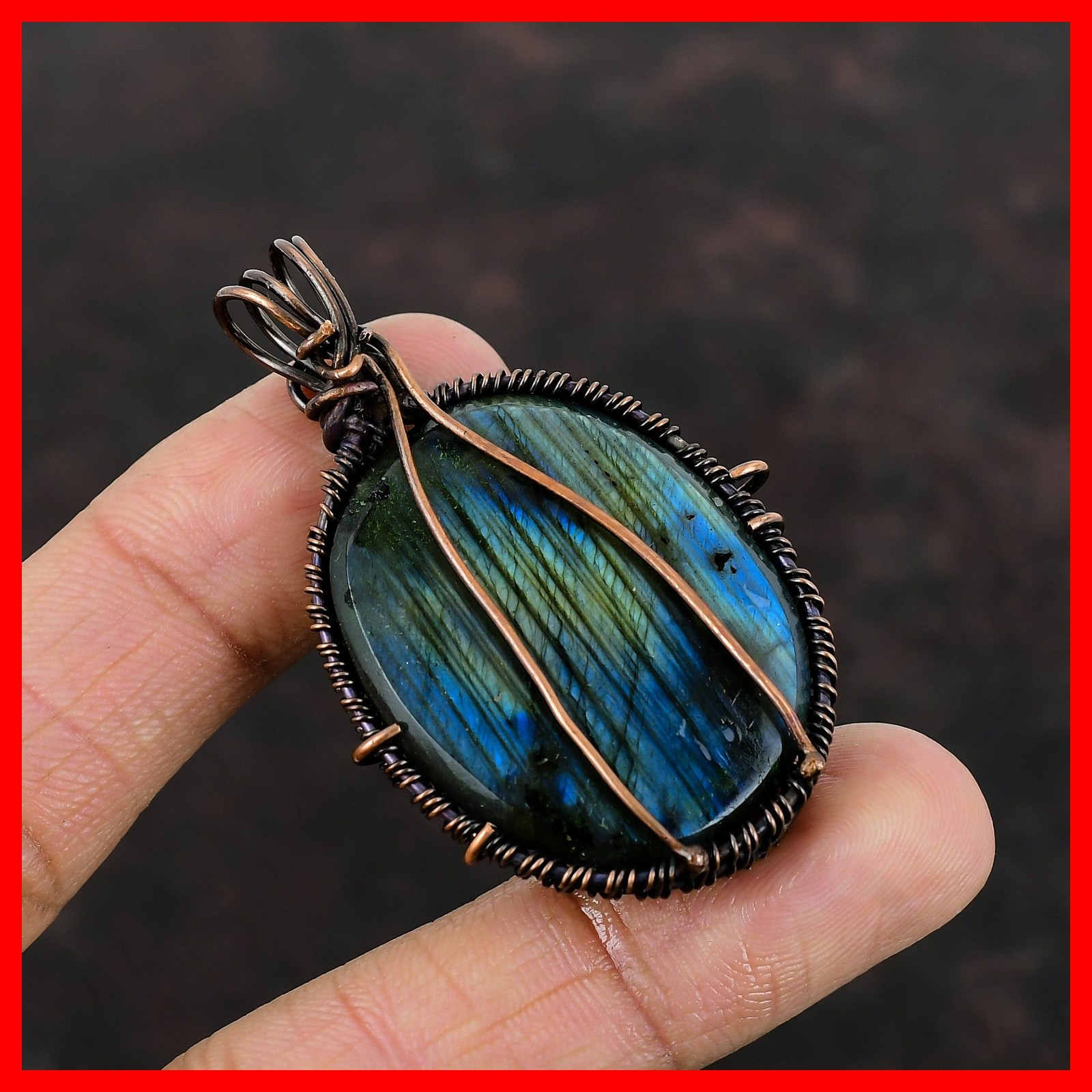 Natural Labradorite Wire Wrapped Handmade Third Eye Chakra Boho Pendant Copper