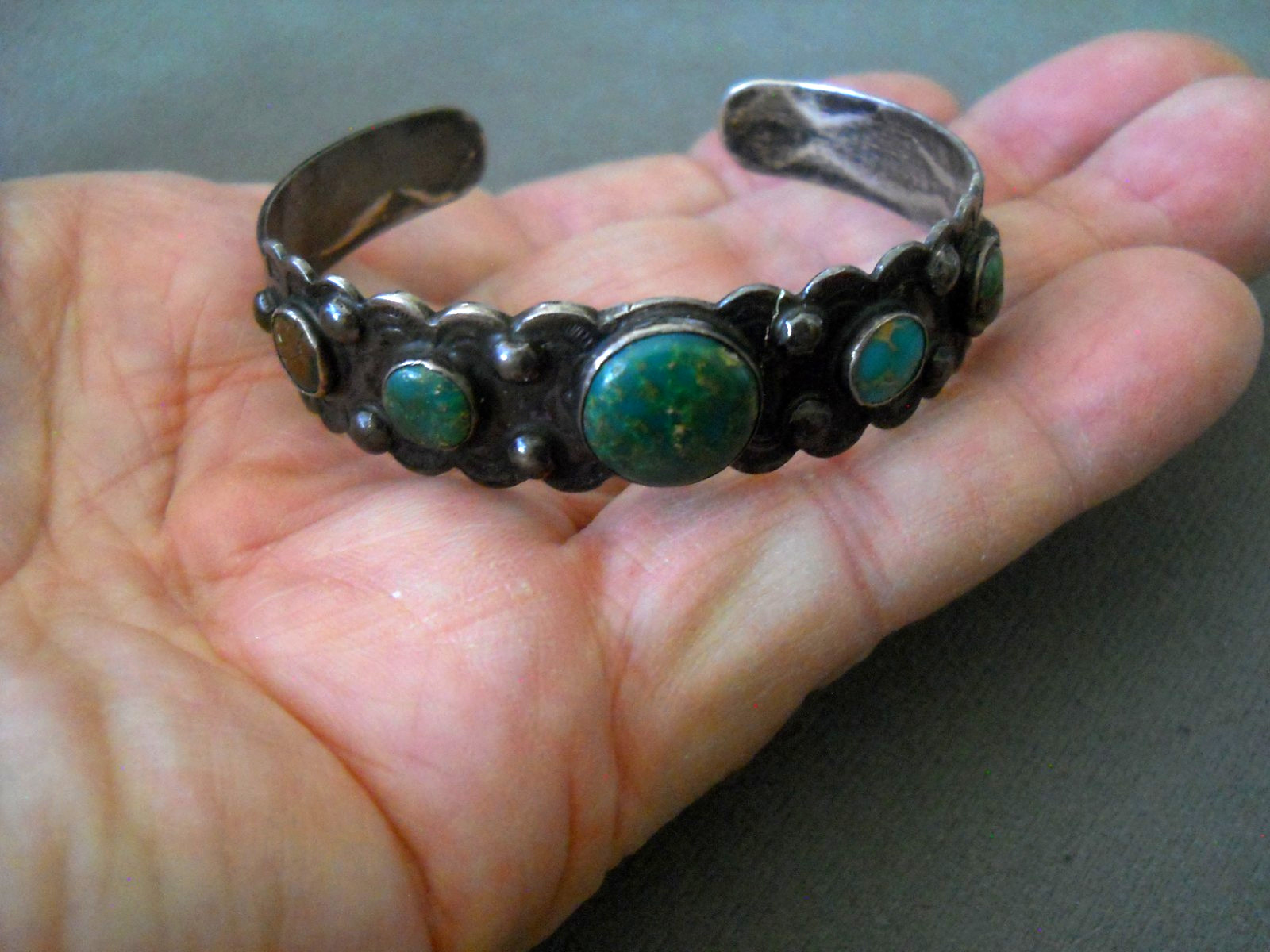 Old Fred Harvey Navajo Cerrillos Turquoise Sterli Silver Cuff Bracelet Stampwork
