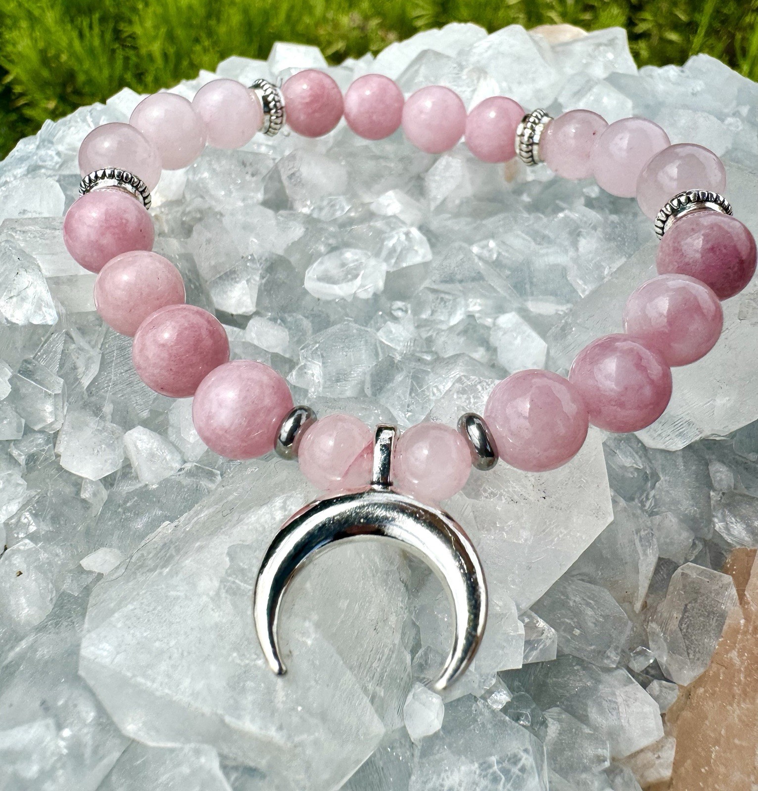 High Quality Kunzite And Rose Quartz Bracelet With Silver Plated Crescent Moon