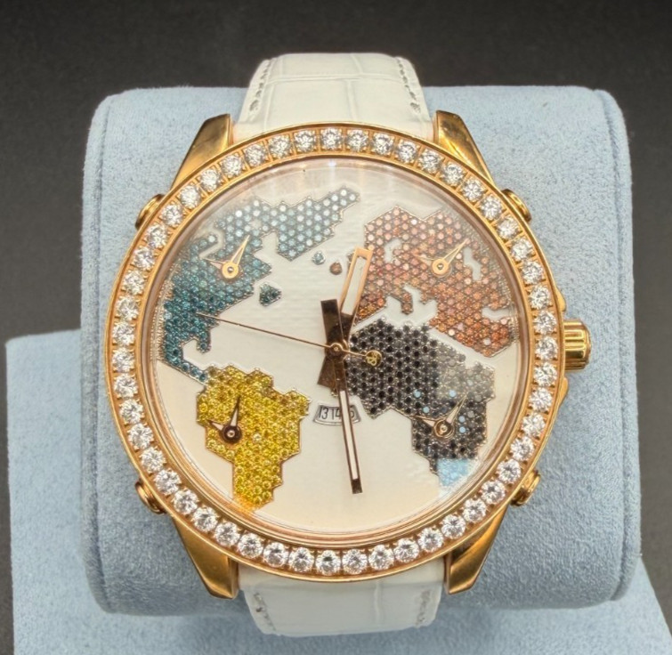 Jacob and Co 5 Time Zone The World Is Yours-multi color map- white strap