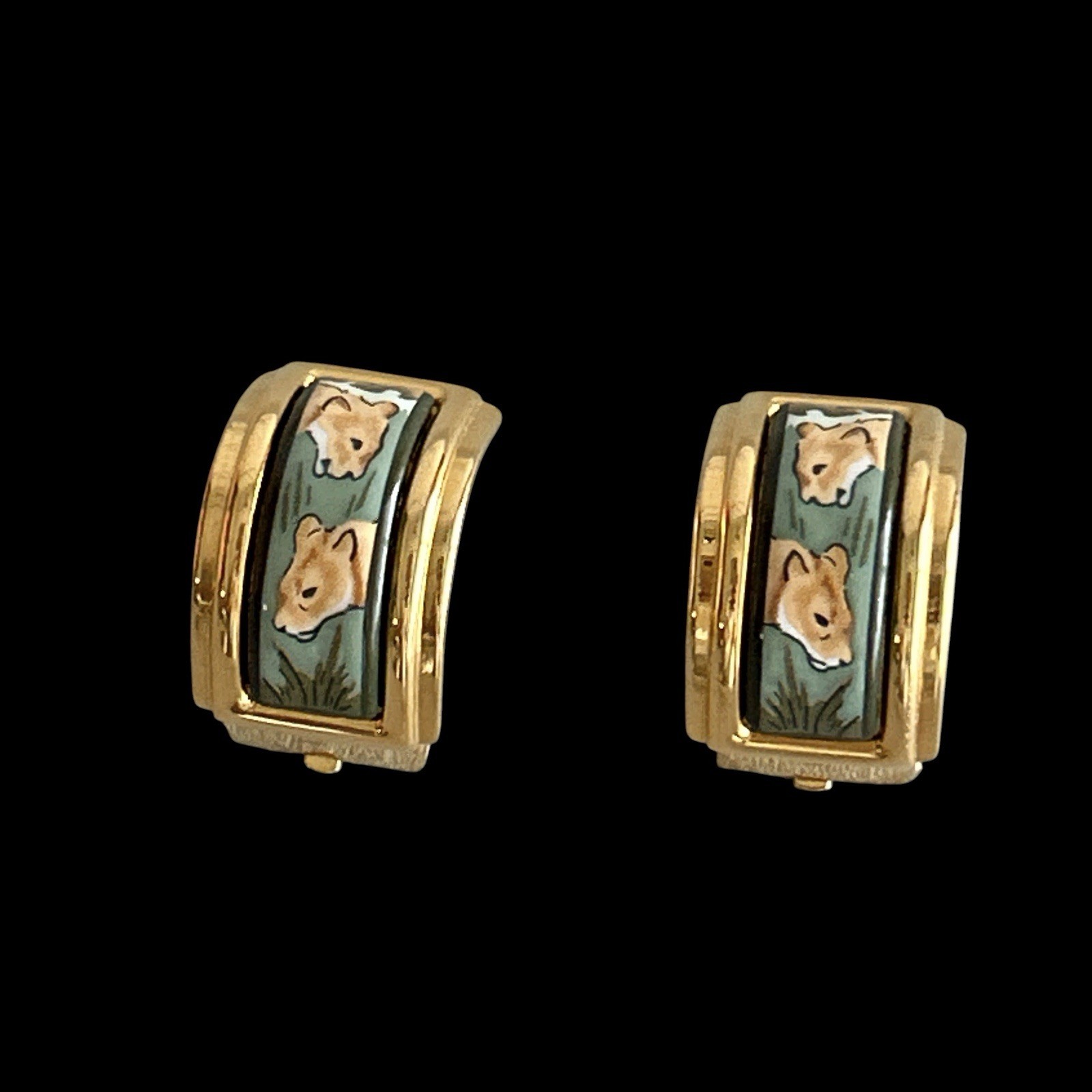VTG Hermes Lion Motif Enamel Clip-On Earrings Cloisonne Gold Plated w/Box Used