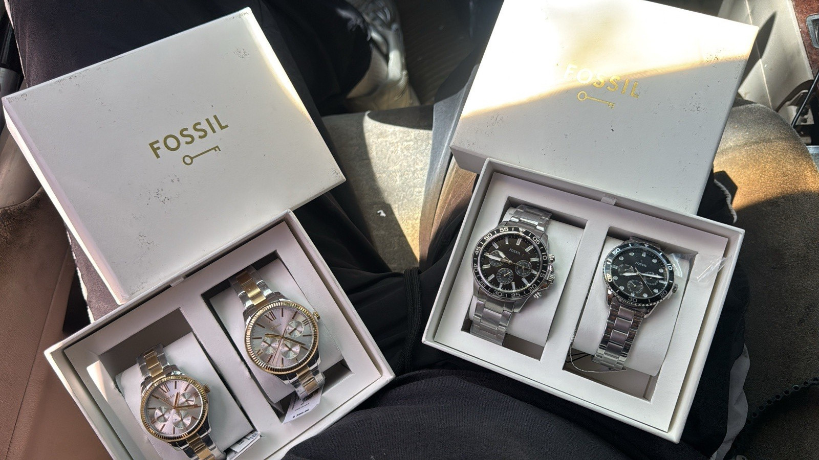 Fossil 4-Watch Lot w/ Boxes, Quartz Chronograph Analog, Stainless Bracelet