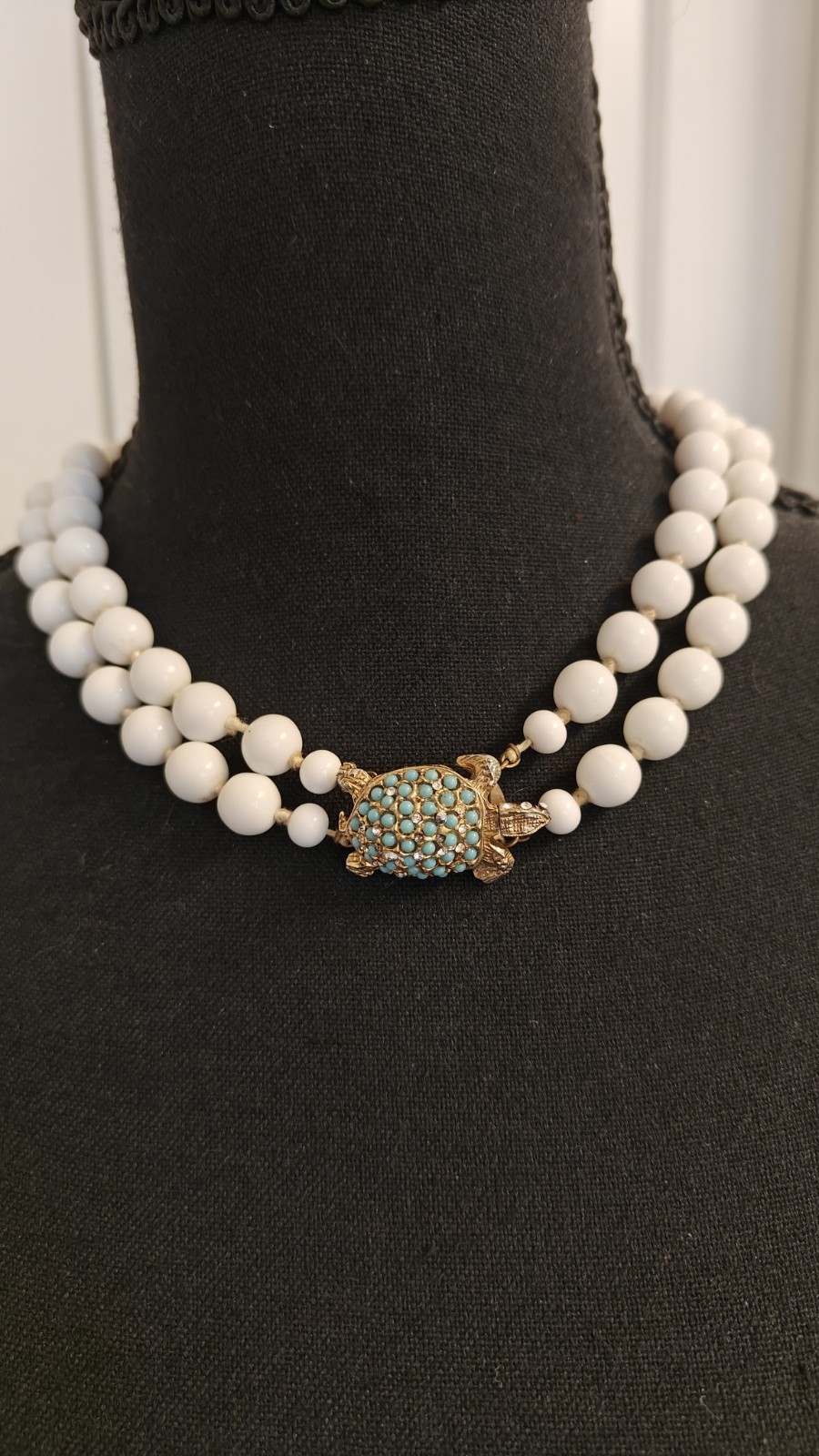 Wh Vtg Knotted Bead Dbl Strand Choker Necklace Rhinestone Seed Bead Turtle Clasp