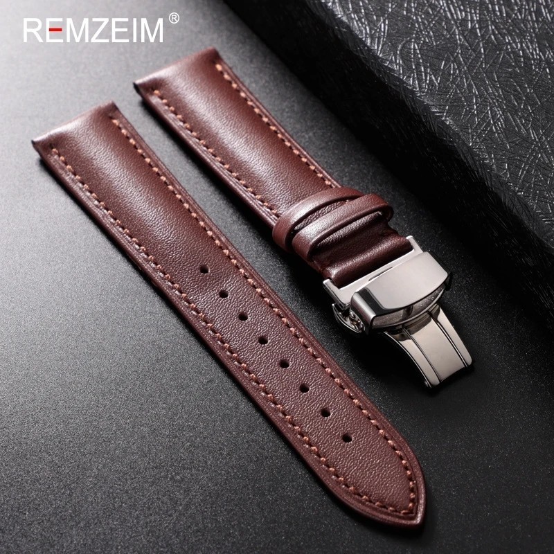 Genuine Leather Watch Band 18mm 20mm Calfskin Replacement Strap Butterfly Clasp
