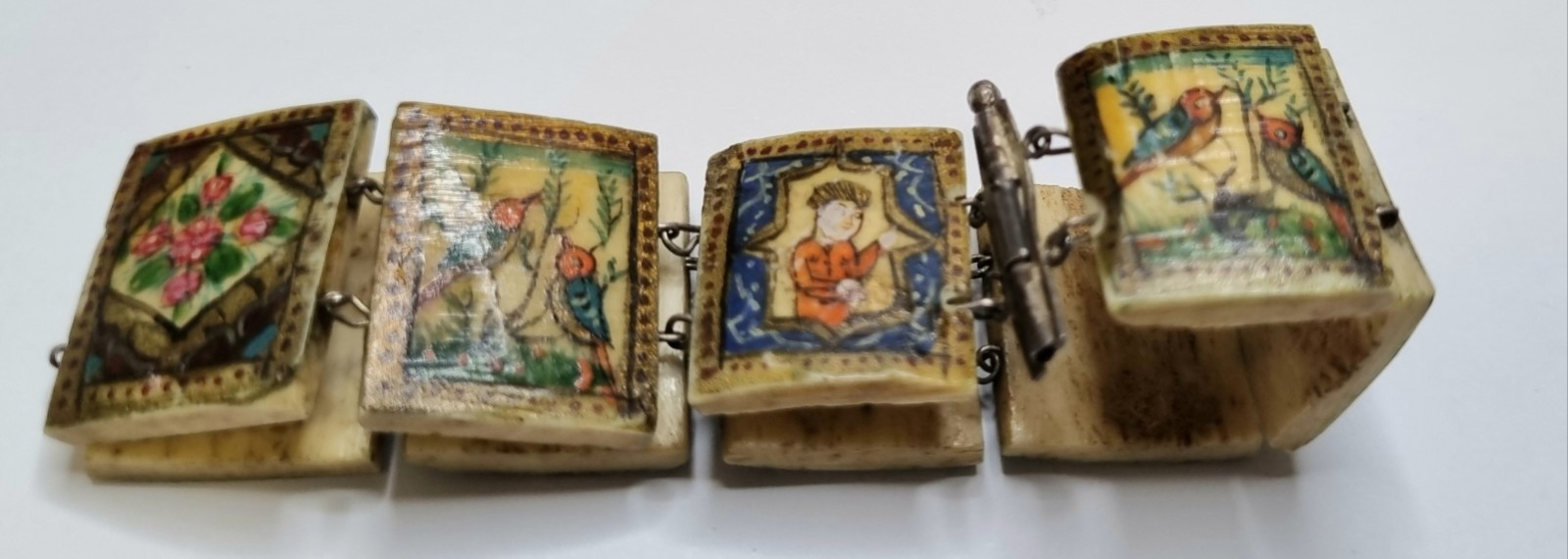 Antique Eastern European Folk Art Bone Panel Bracelet, Sterling Silver, c.1900