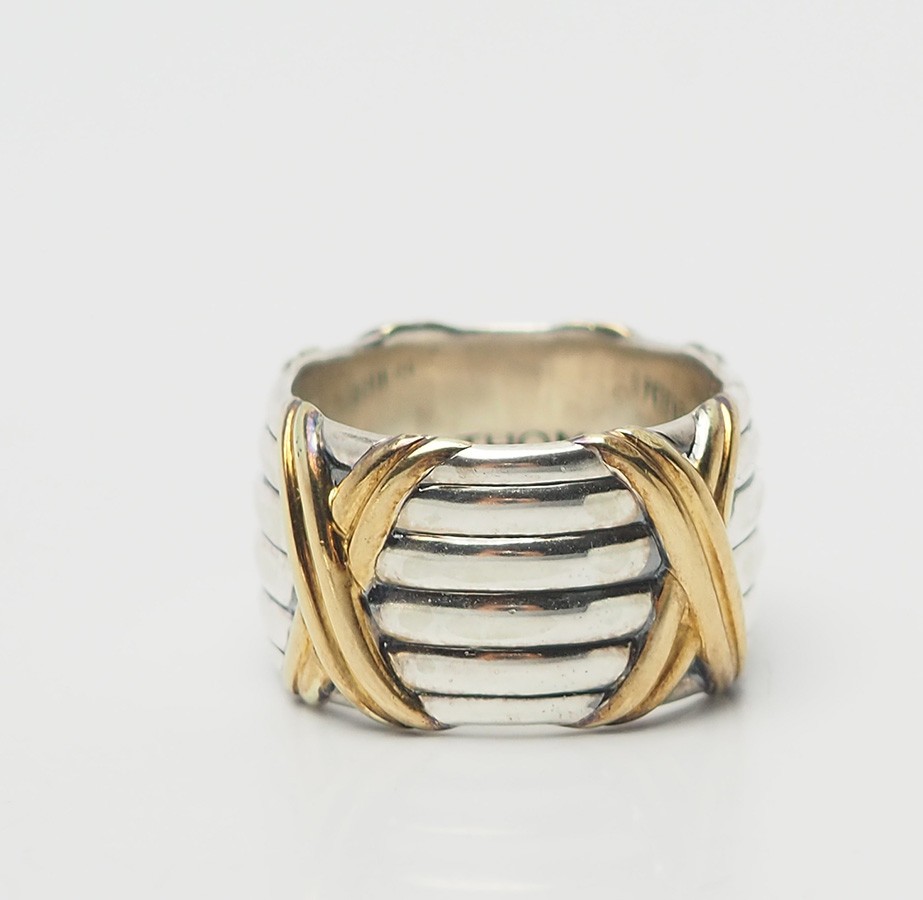 Peter Thomas Roth wide band sterling silver gold plated Kiss detail ring sz 7