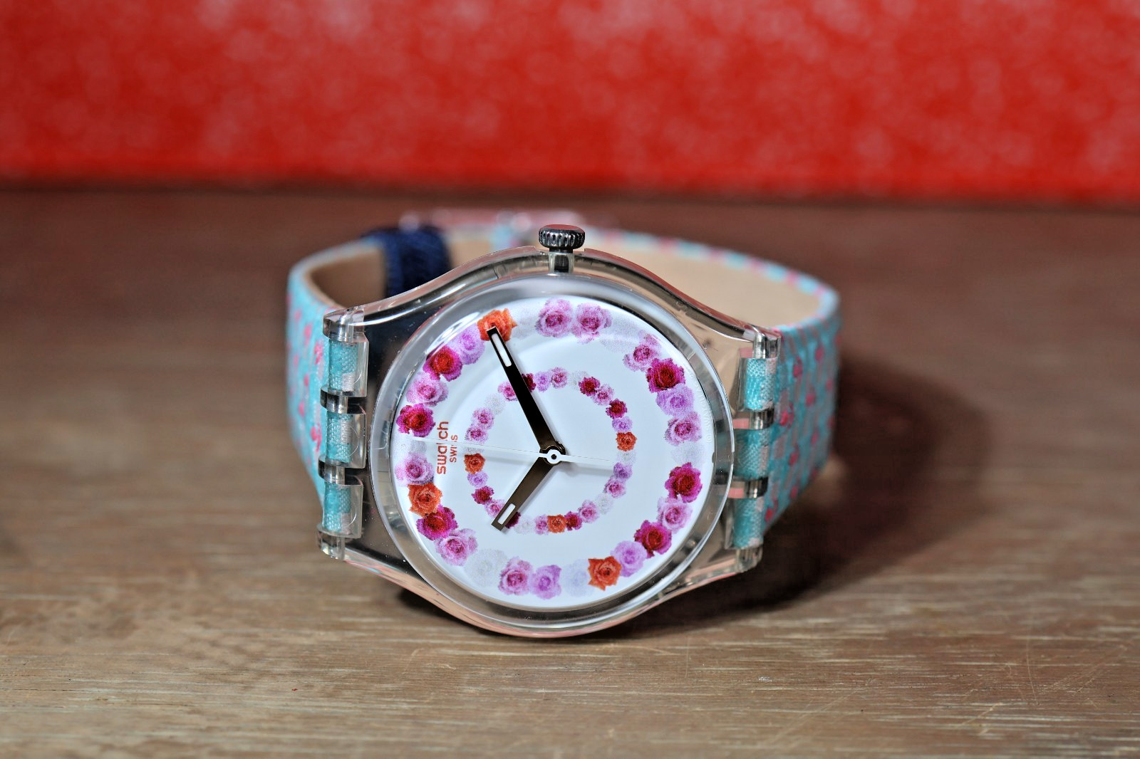 NEW Limited Swiss Swatch ROSES4U Flowers Denim Leather Strap Clear 34mm GZ291
