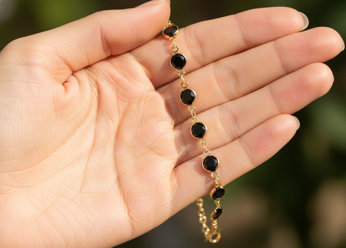 18K Gold Plated Anklet Minimalist Black Onyx Tone Stone Bezel Chain Anklet