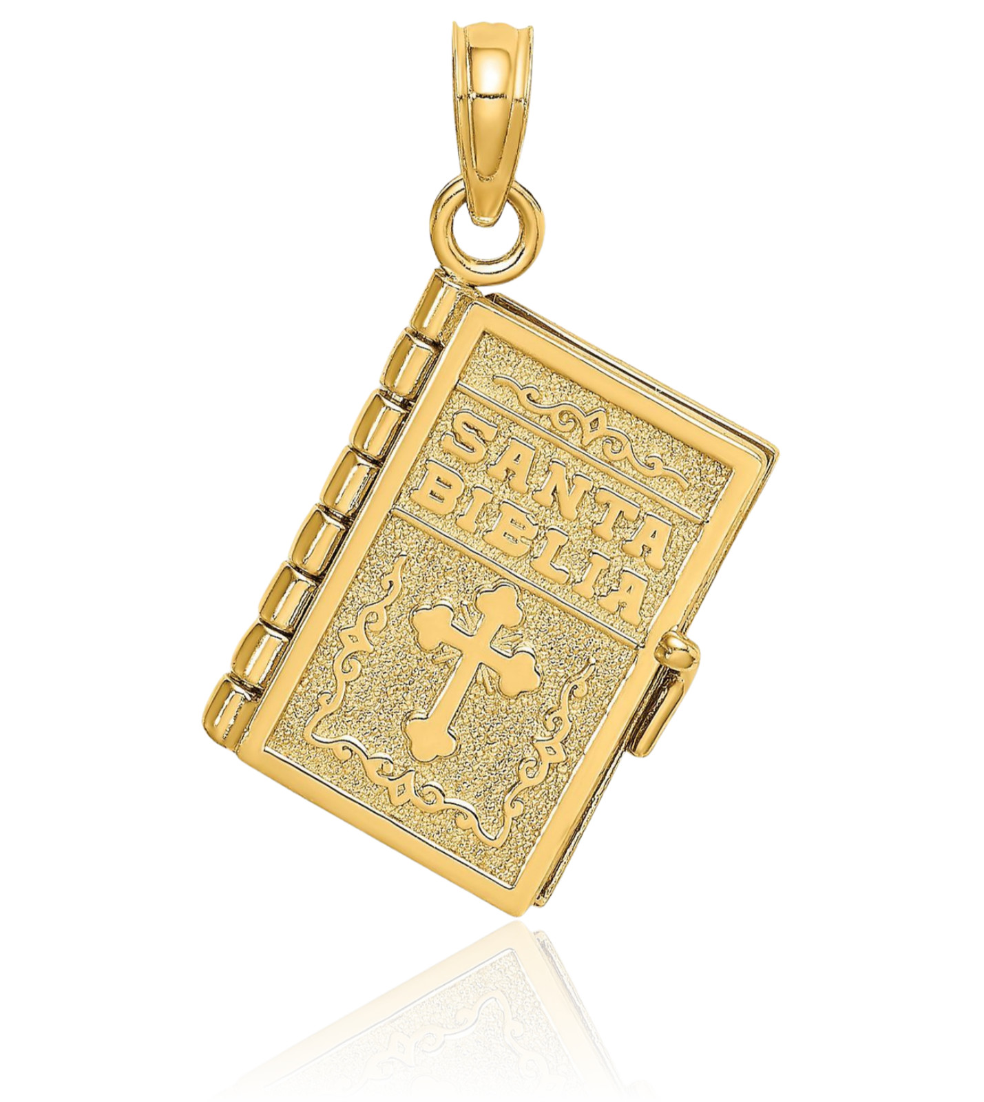 10K Solid Yellow Gold Medium Spanish Bible Book Pendant Necklace 24.7mm 1 inch
