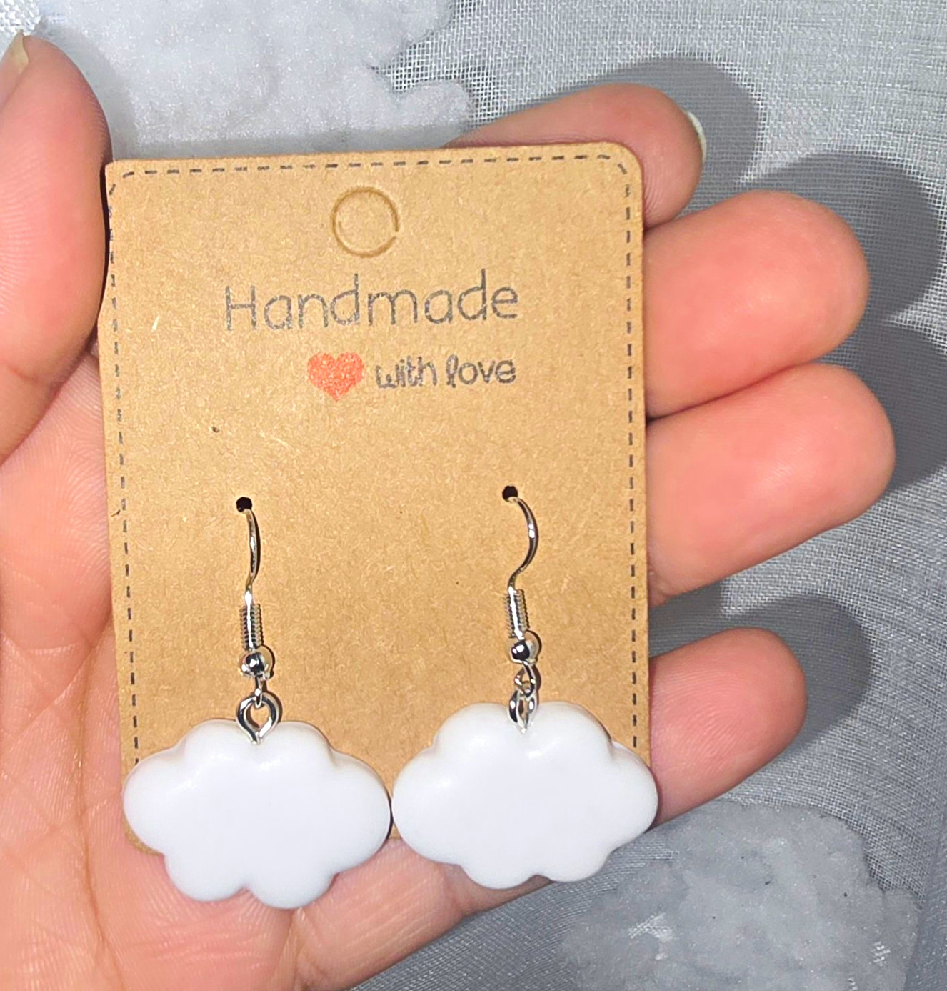 Handmade White Cloud Dangle/Drop Hook Earrings Silver Metal Plastic Nature