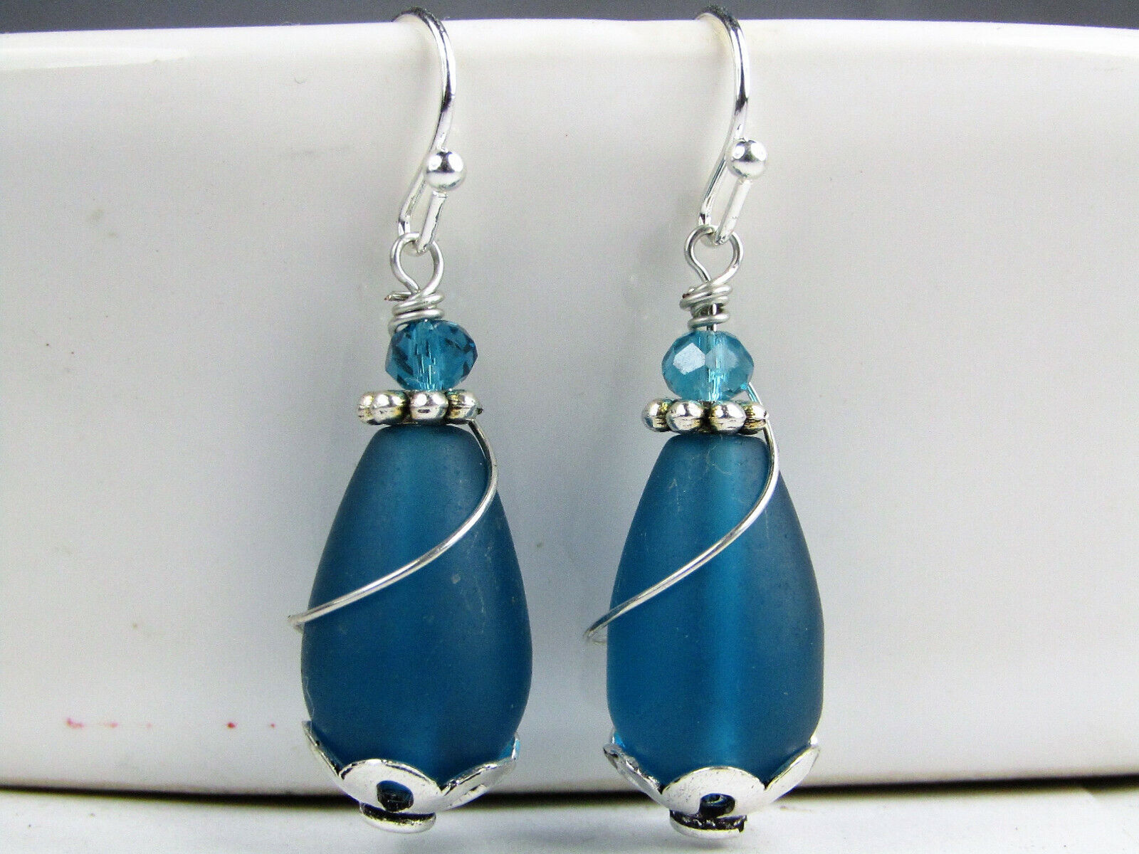 Teardrop-Shaped Frosted Sea Glass Silver Swirl Wire Ladies Dangle Earrings