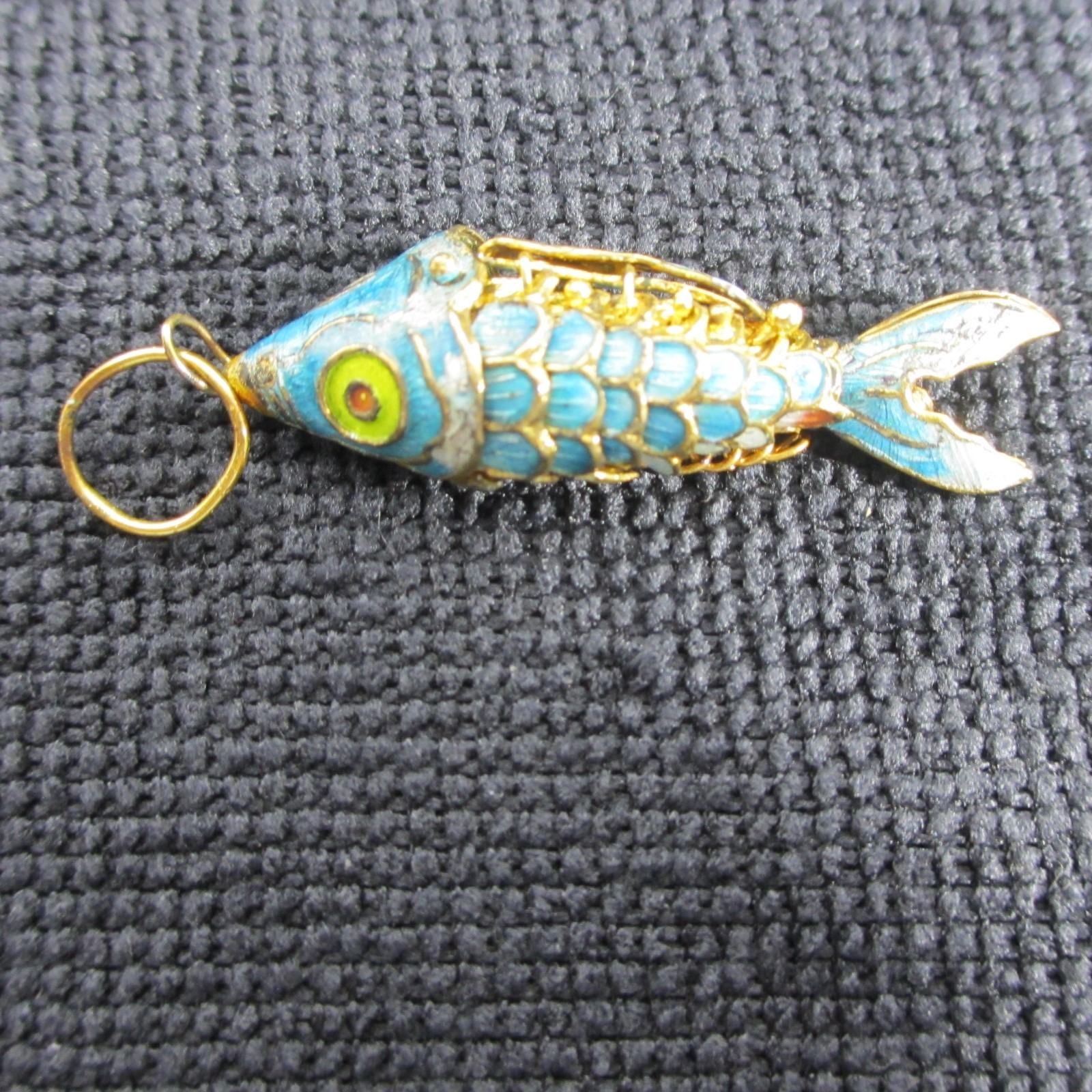 Vintage Cloisonne Enamel Koi Fish Pendant Blue Articulating Gold Tone