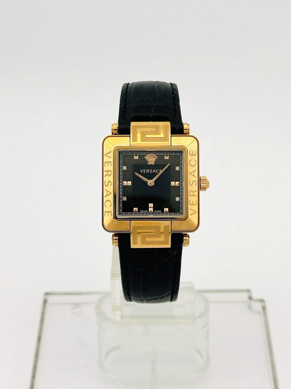 Versace Women’s 88Q80SD008S009 Rêve Carré Diamonds Black Leather Strap Watch 88Q