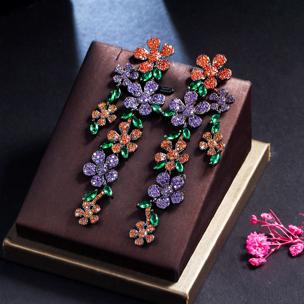Cubic Zircon Flower Multicolor Leaf Dangle Drop Black Gold Plated Women Earrings