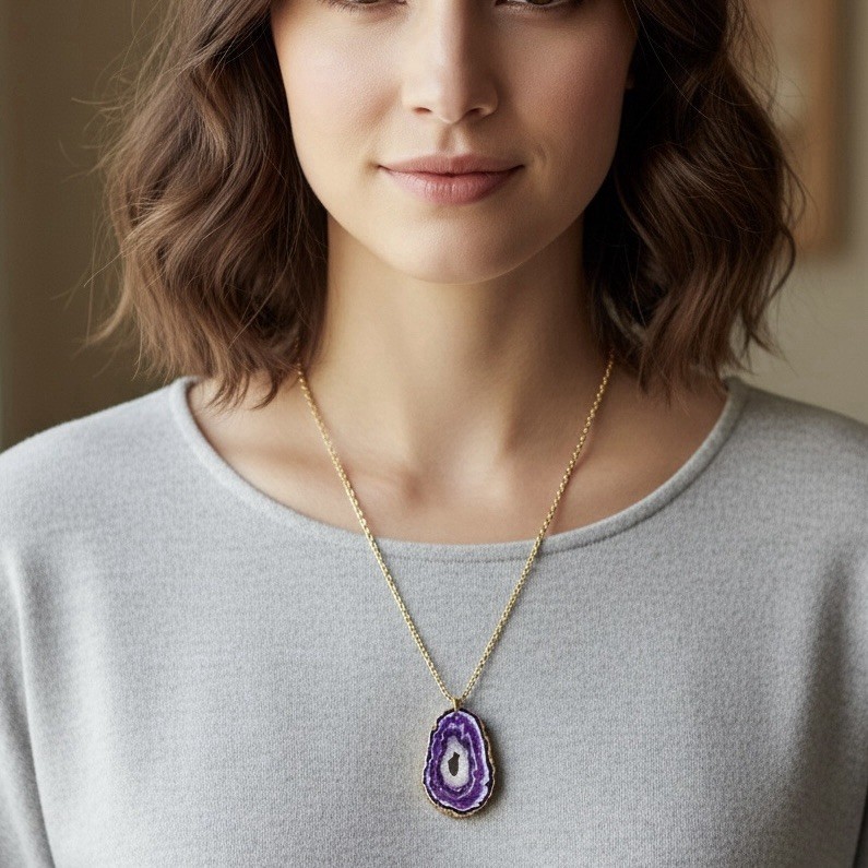 Med Faux Amethyst Geode Slice Polymer Clay Handmade Pendant Necklace SS Chain