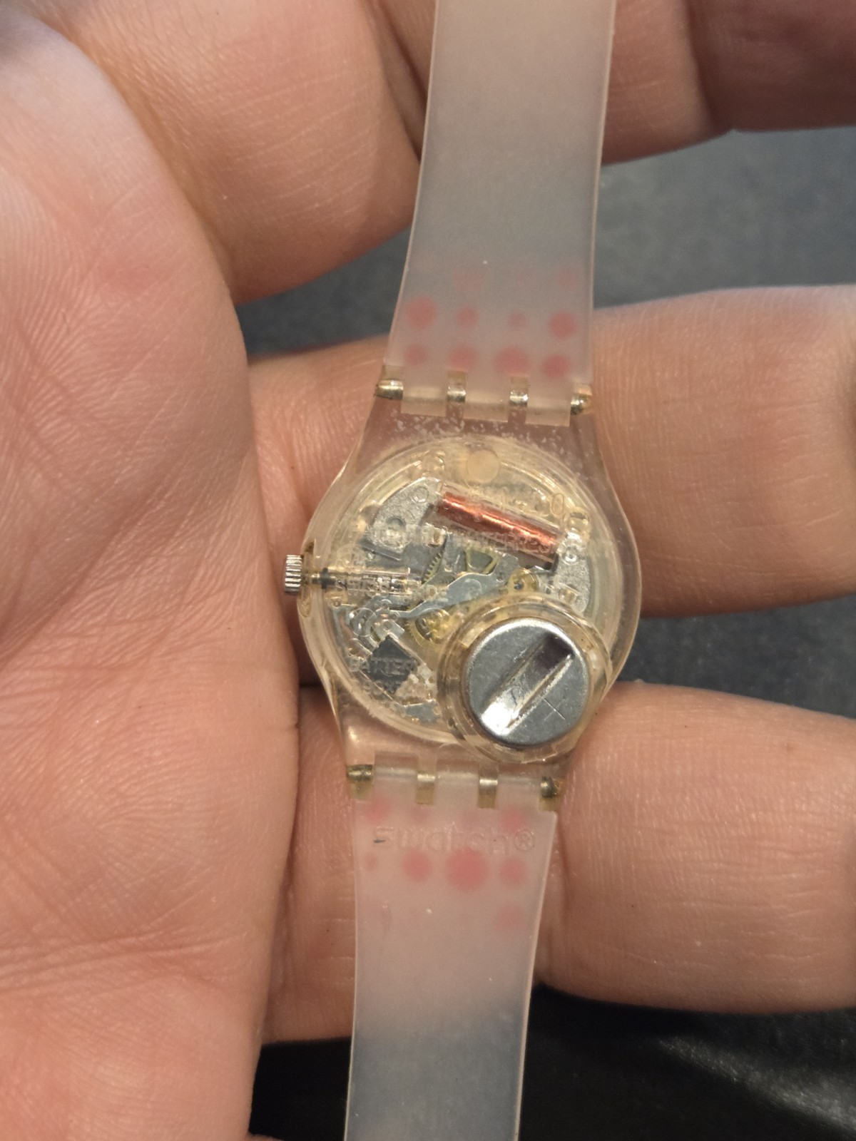 Vtg Swatch Watch 80’s 90’s Rare Red Darling 8″ Quartz Polka Dot Transparent C201