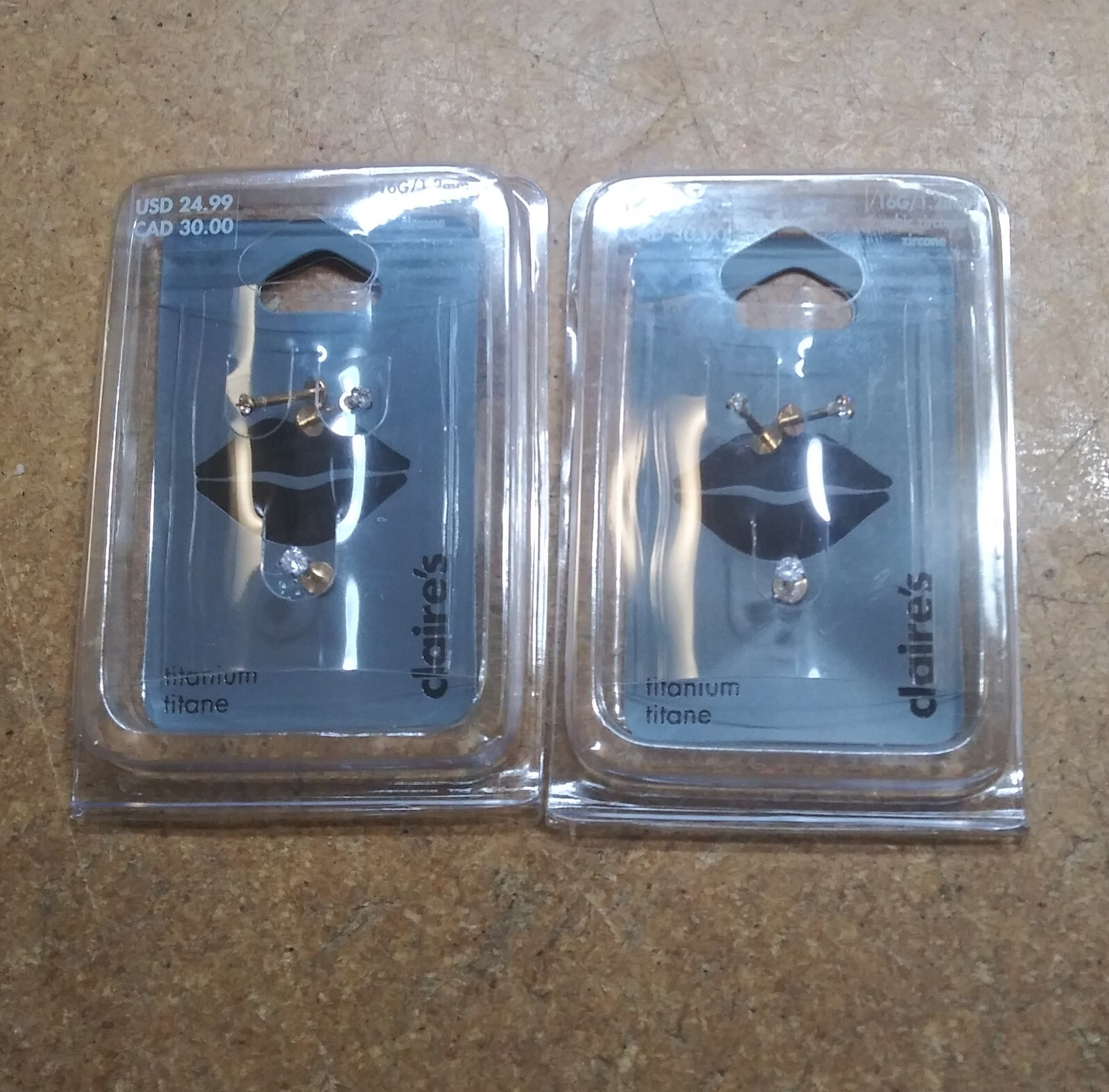 Lot of 2 Claire’s Titanium Lip Ring Stud, 16G/1.2mm, Cubic Zirconia, Gold