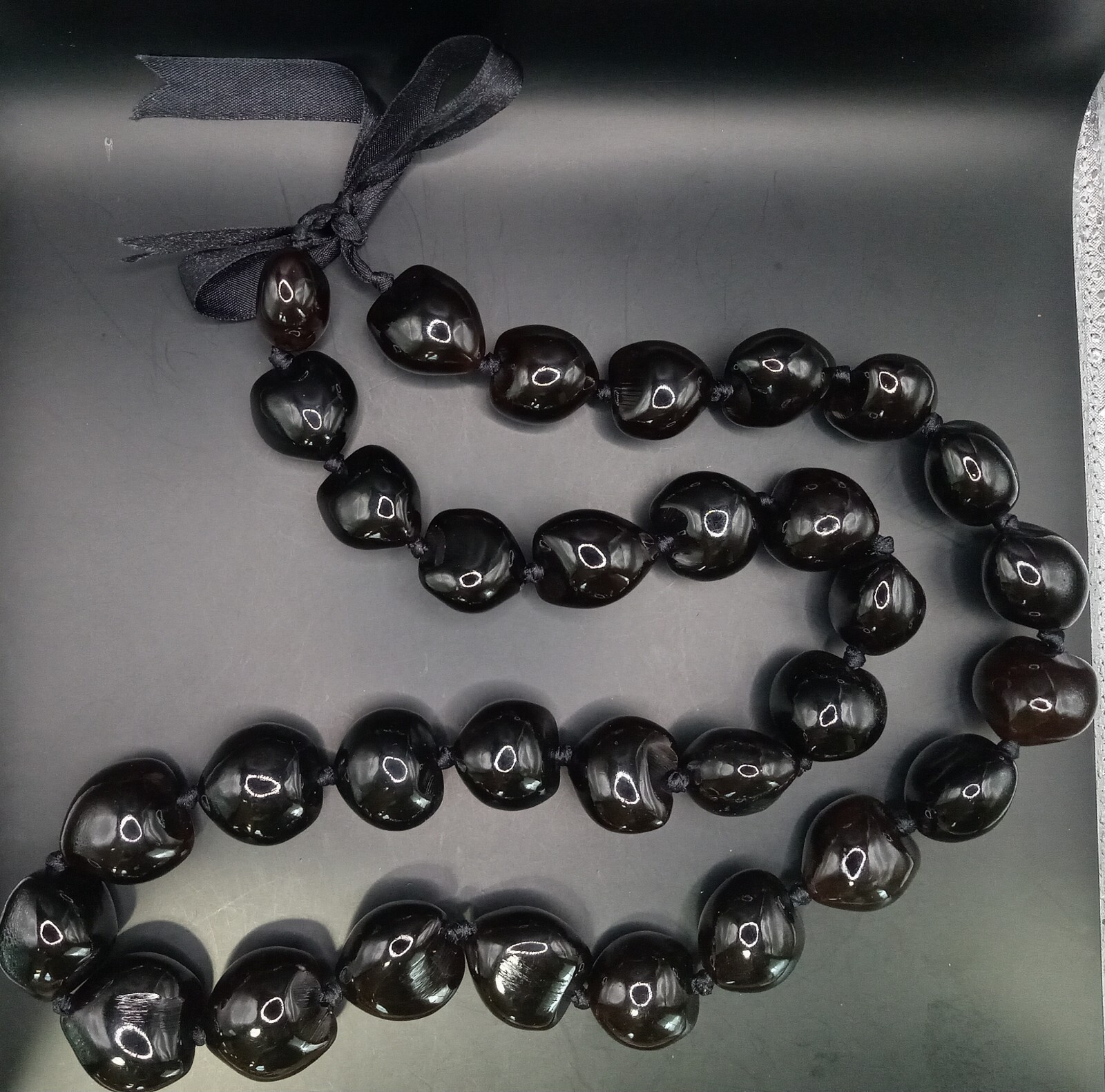 Large Knotted Black Acrylic Beaded Ribbon Statement Necklace 48″ #339