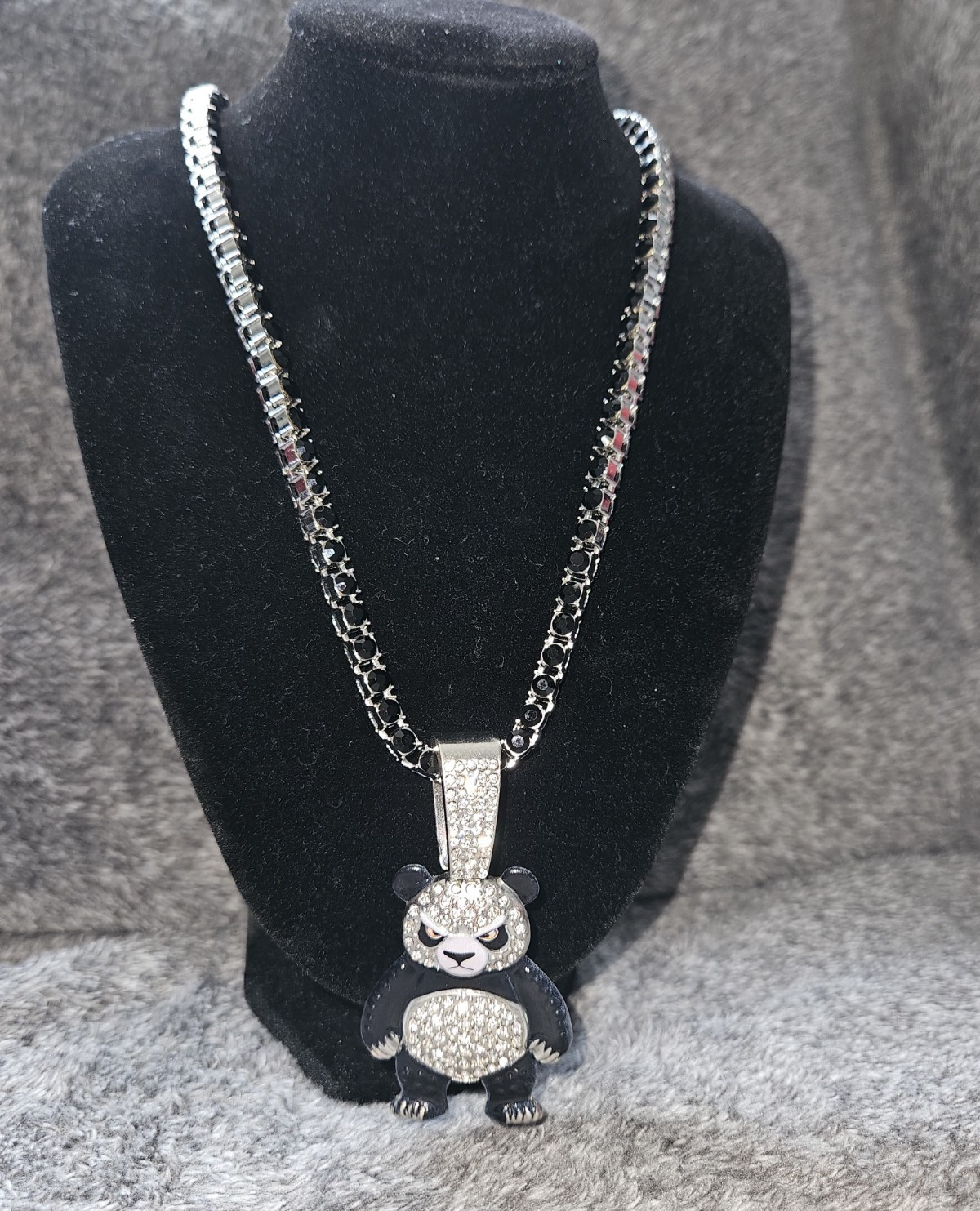Silver Tone Box Chain Necklace w/ Clear Crystal Pavé Bear Charm Pendant