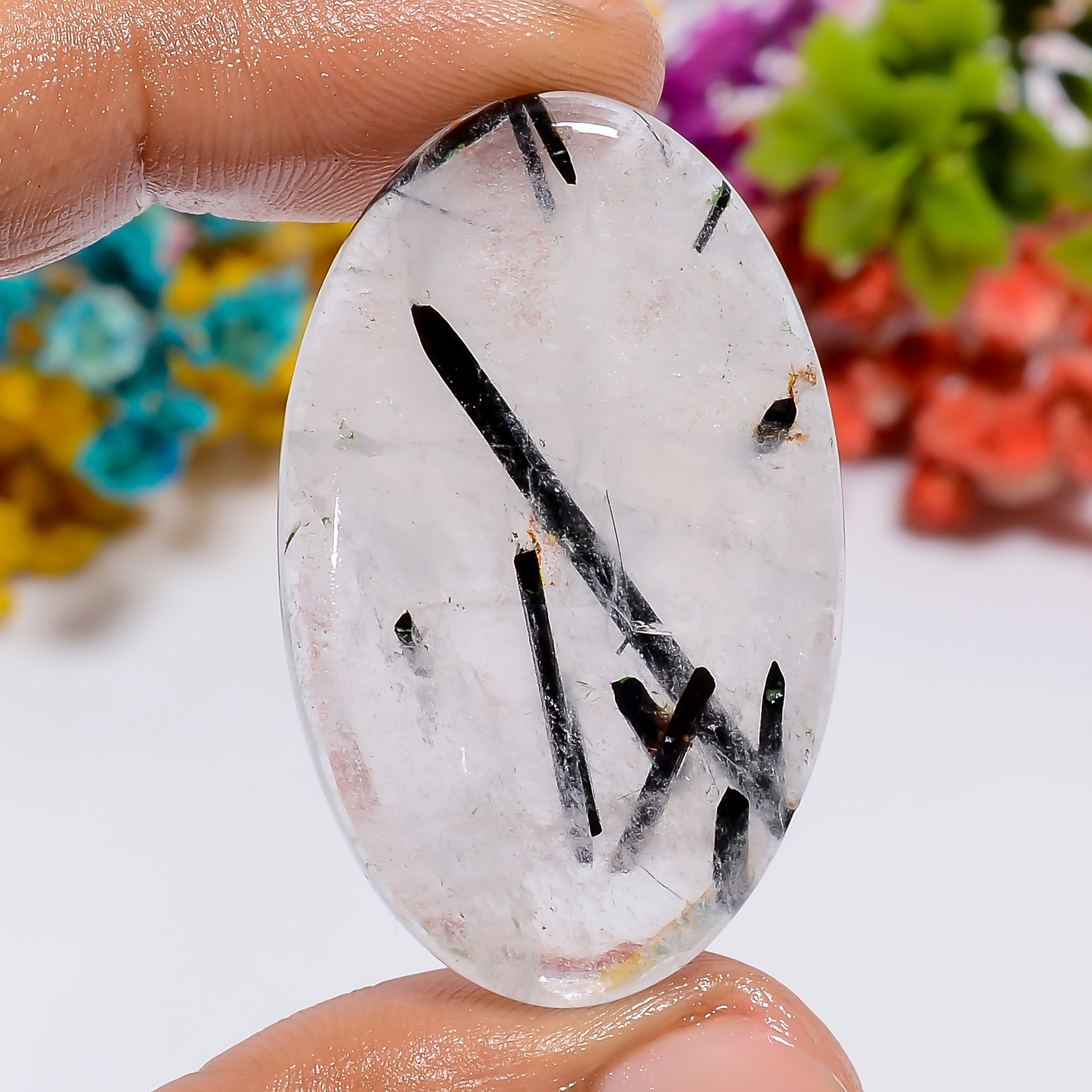 Natural Black Rutile Quartz Oval Shape Cabochon Loose Gemstone 55 Ct. 40X24X5 mm