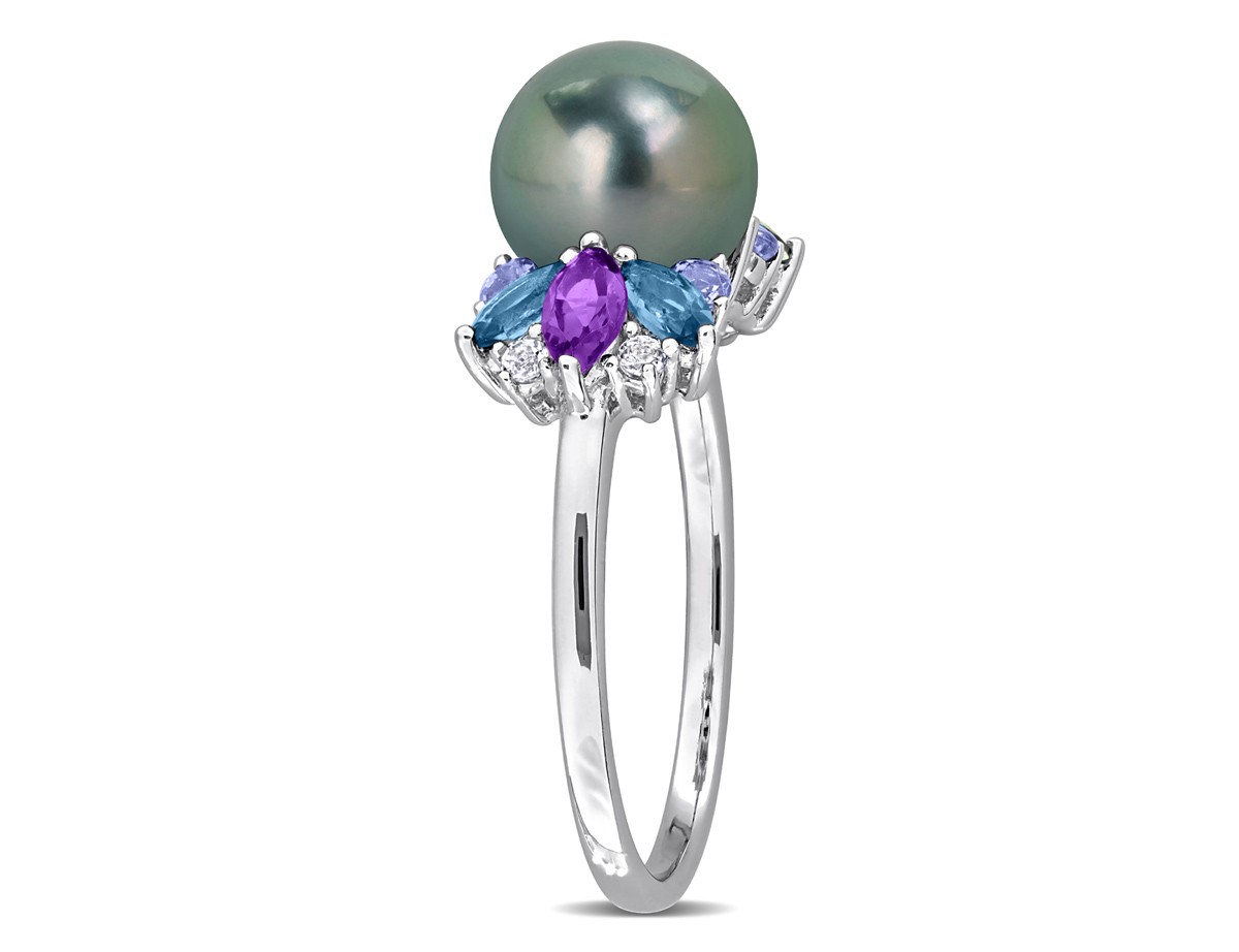 8-8.5mm Black Tahitian Pearl 7/8 Carats (ctw) Blue and White Topaz, Ring